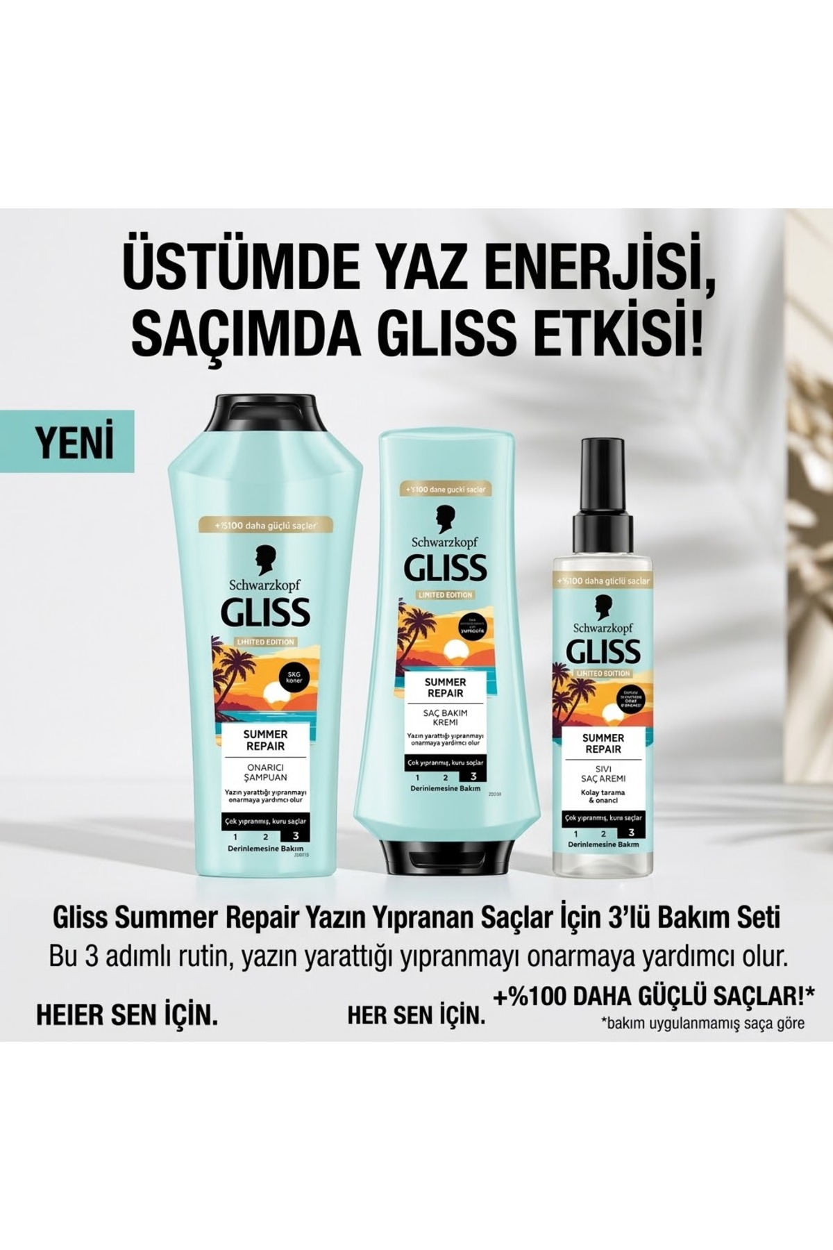 Gliss Summer Repair Yazın Yıpranan Saçlar İçin 3'lü Bakım Seti (Şampuan 400 ml + Saç Bakım Kremi 360 ml + Sıvı Saç Kremi 200 ml) — sdsagsdg