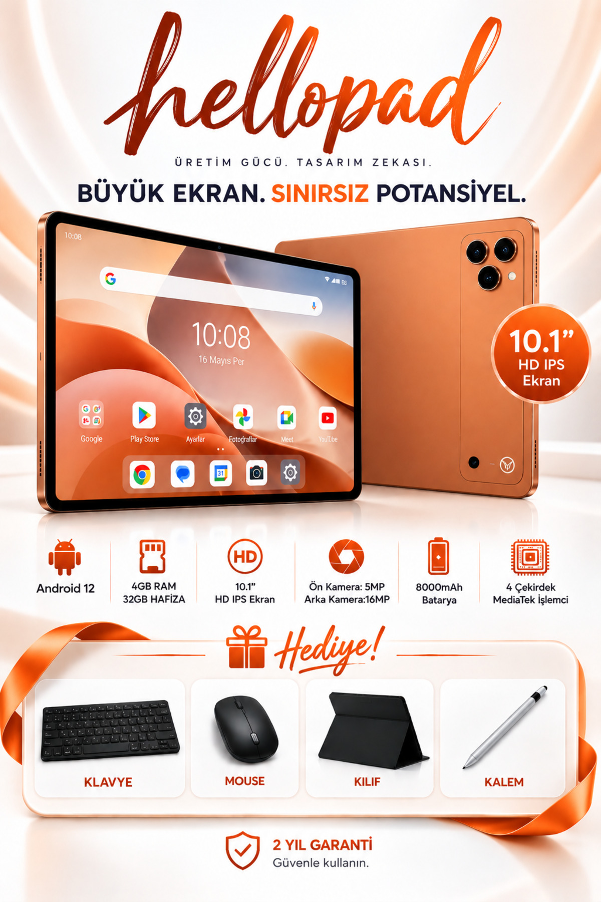 TARÇIN Hellopad 10.1" Andoroid Tablet 4 GB Ram 32 GB Hafıza Klavyeli Kılıf + Bluetooth Mouse + Kalem Hediyeli