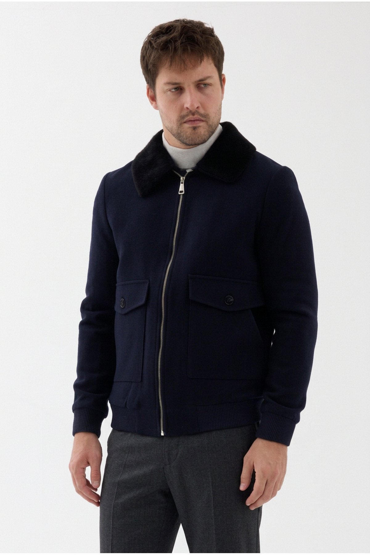 Bergamo Erkek Lacivert Fermuarlı Eteği Ribanalı Yakası Kürklü Slim Fit Kısa Kaşe Mont — سرمه‌ای 9820 BERGAMO — تصویر 5 از 7
