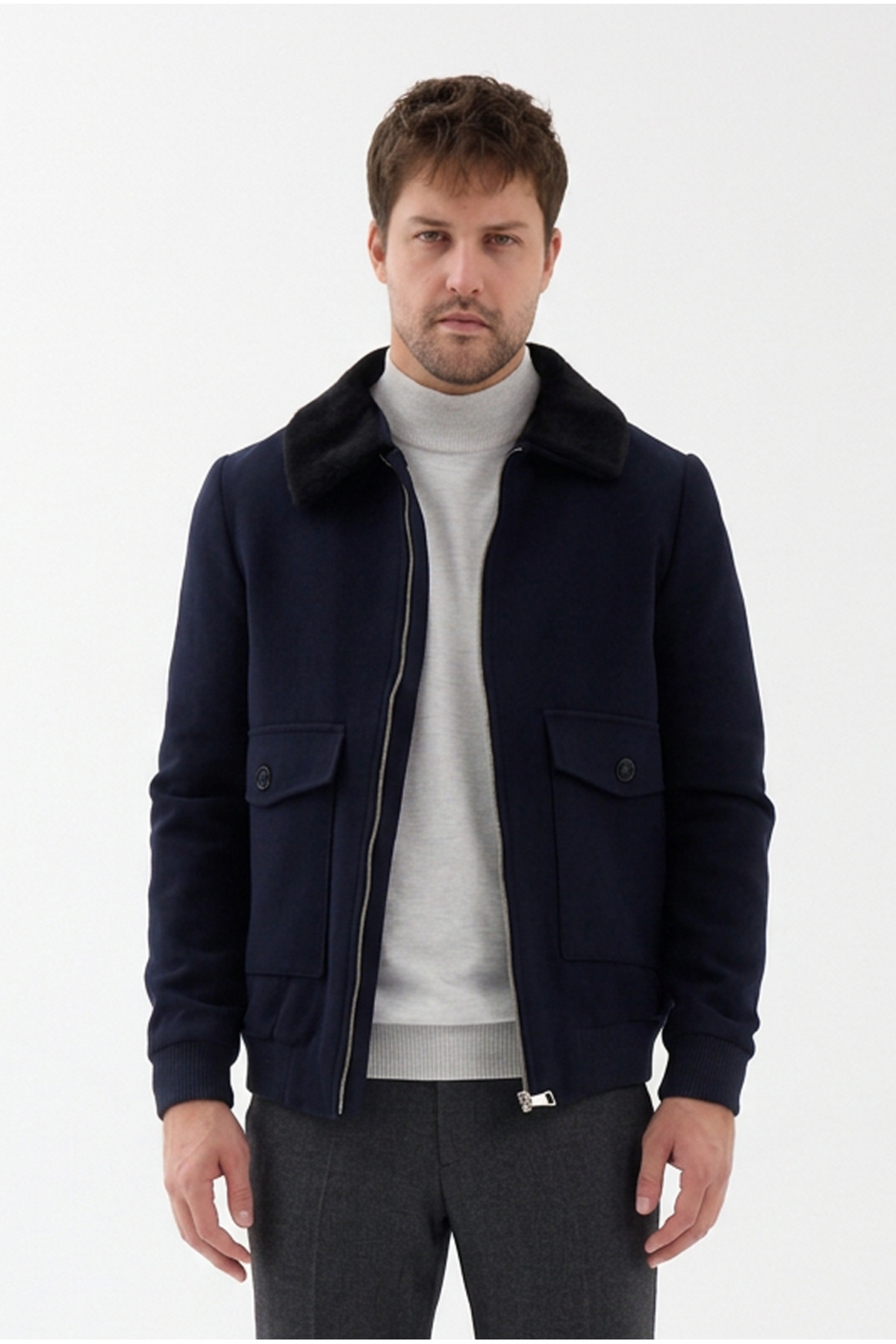 Bergamo Erkek Lacivert Fermuarlı Eteği Ribanalı Yakası Kürklü Slim Fit Kısa Kaşe Mont — سرمه‌ای 9820 BERGAMO