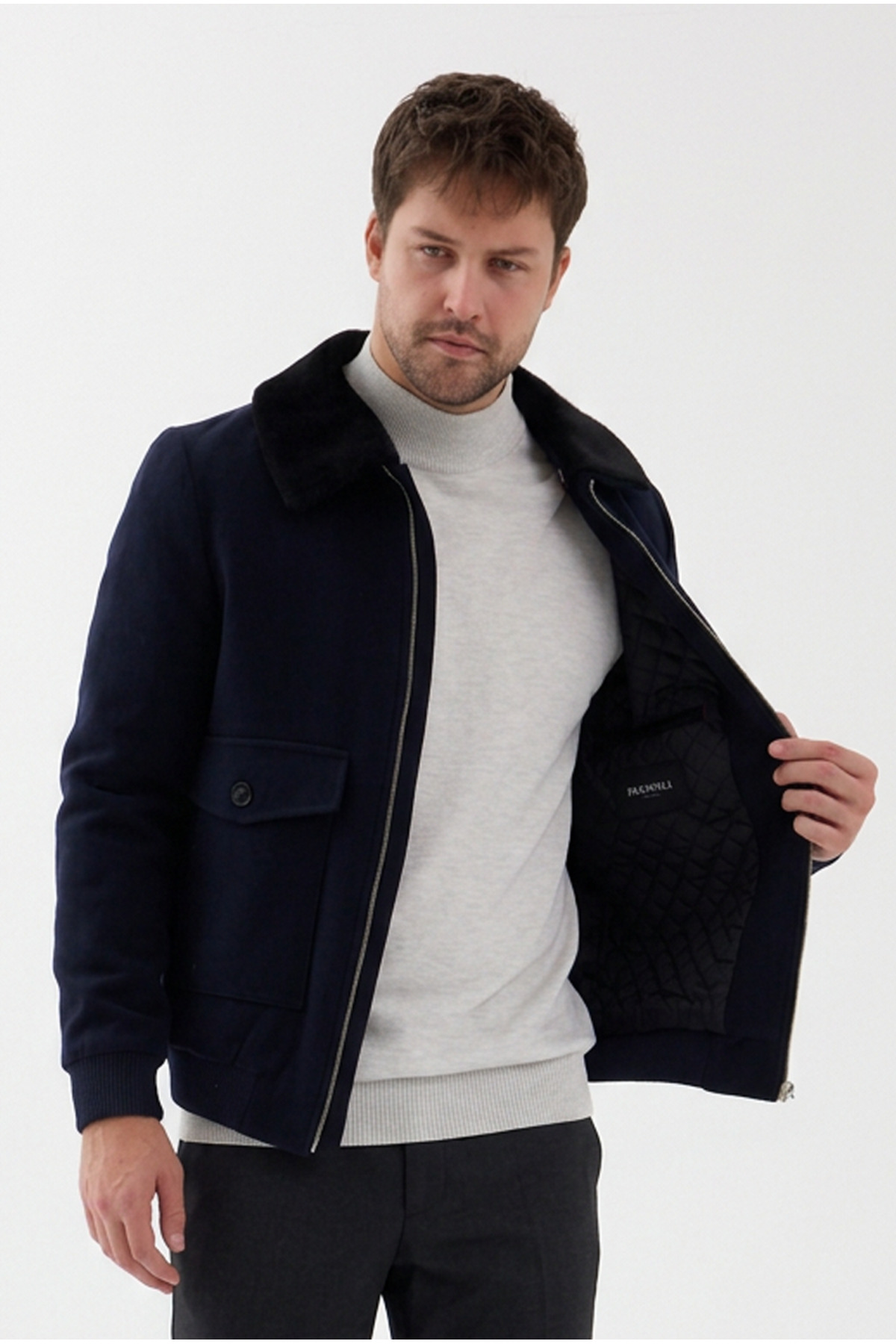 Bergamo Erkek Lacivert Fermuarlı Eteği Ribanalı Yakası Kürklü Slim Fit Kısa Kaşe Mont — سرمه‌ای 9820 BERGAMO — تصویر 2 از 7