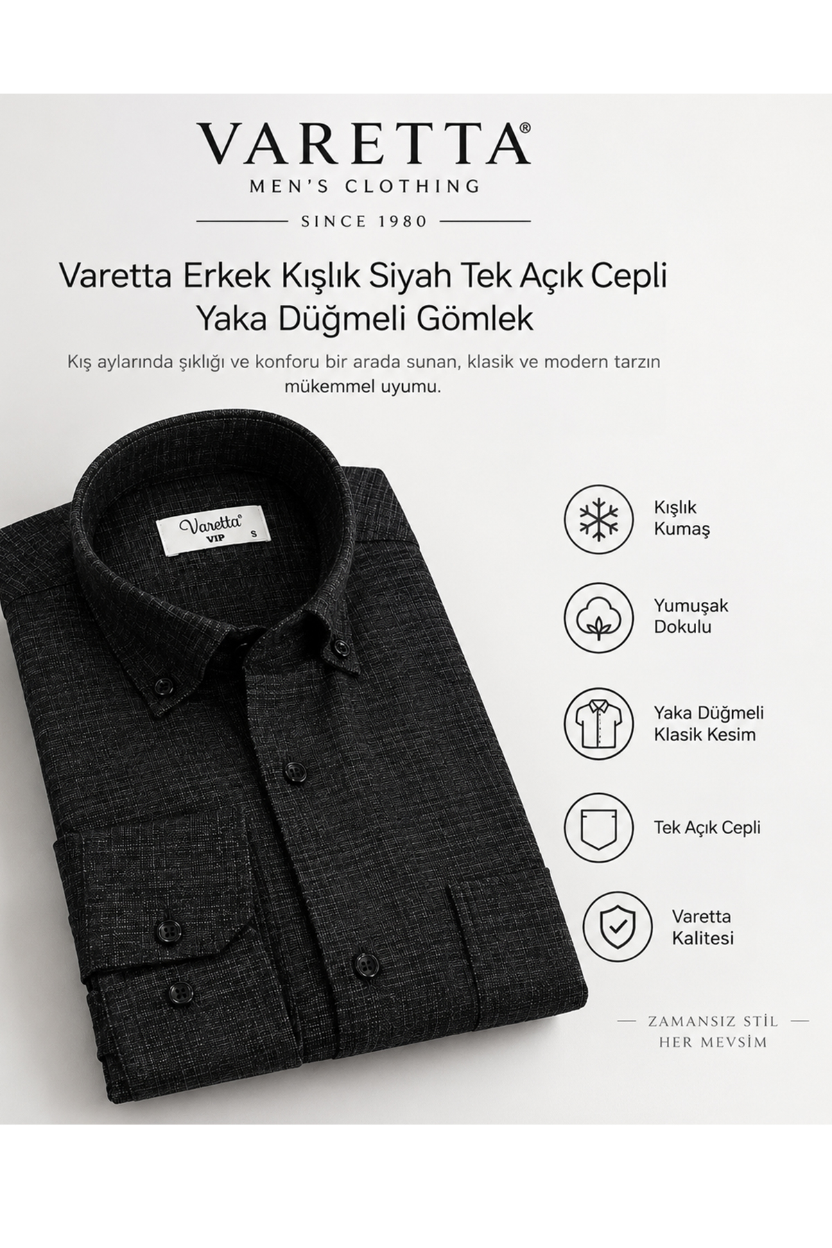 Erkek Kışlık Siyah Gömlek Yaka Düğmeli Tek Açık Cepli Klasik Kesim Casual — مشکی winter02 — تصویر 5 از 6