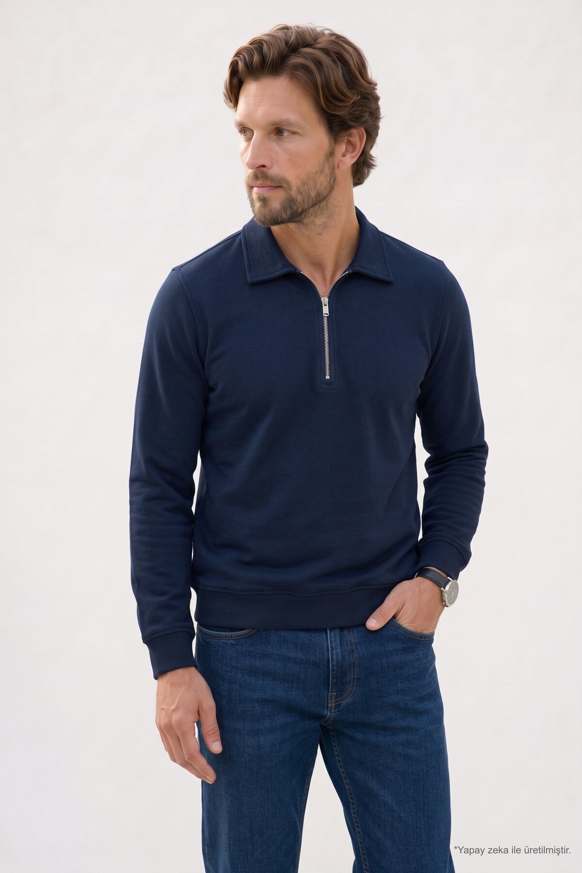 Erkek Regular Fit Klasik Kesim Fermuarlı Selanik Kumaş Lacivert Polo Yaka Sweatshirt — سرمه‌ای SW270007 — تصویر 3 از 7