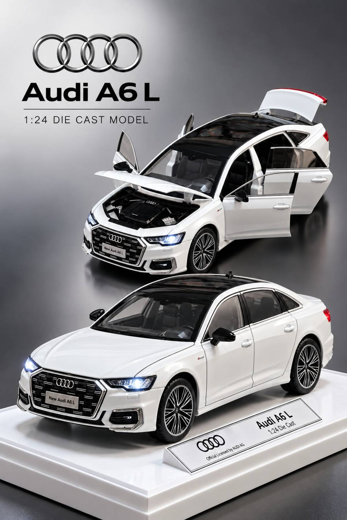 Fidan oyuncak 1:24 Audi A6 L Lisanslı Metal Model Araba - Sesli ve LED Işıklı Açılabilir Kapılar Sergileme Standlı Beyaz