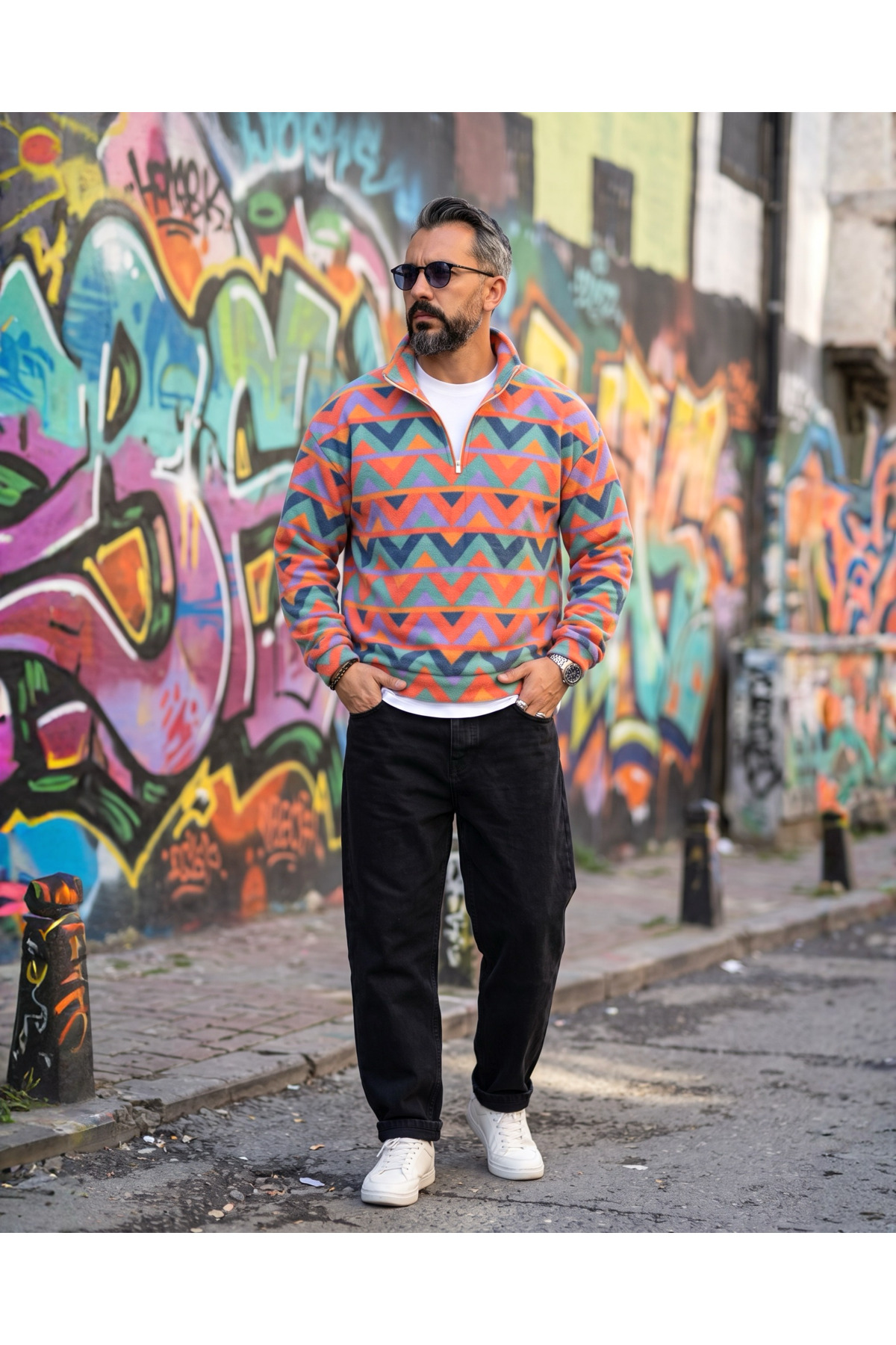 Erkek Aspen 88 Retro Desenli Yarım Fermuarlı Polar Sweatshirt — نارنجی ASPH0520 — تصویر 2 از 6