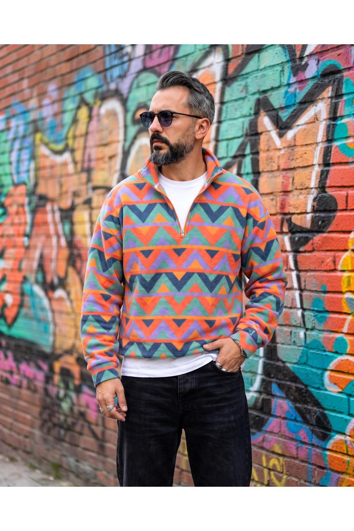 Erkek Aspen 88 Retro Desenli Yarım Fermuarlı Polar Sweatshirt — نارنجی ASPH0520