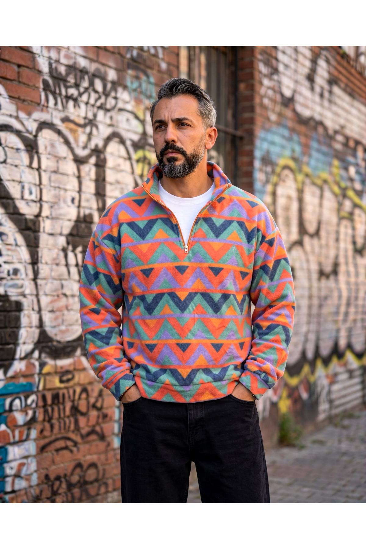 Erkek Aspen 88 Retro Desenli Yarım Fermuarlı Polar Sweatshirt — نارنجی ASPH0520 — تصویر 5 از 6