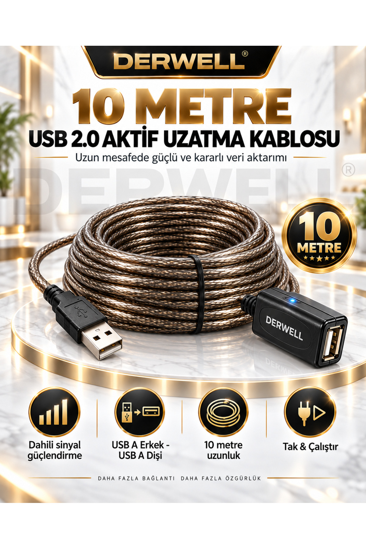 Yeni 2026 10 Metre USB 2.0 Aktif Uzatma Kablosu Dahili Güçlendirilmiş Sinyal Çipli Kopma Donma Yapmaz Tak Çalıştır Erkek Dişi Yüksek Hızlı Kararlı Veri Aktarım Kablosu Gold Seri Premium