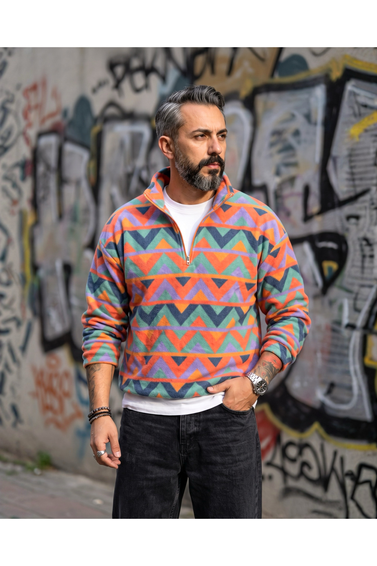 Erkek Aspen 88 Retro Desenli Yarım Fermuarlı Polar Sweatshirt — نارنجی ASPH0520 — تصویر 6 از 6
