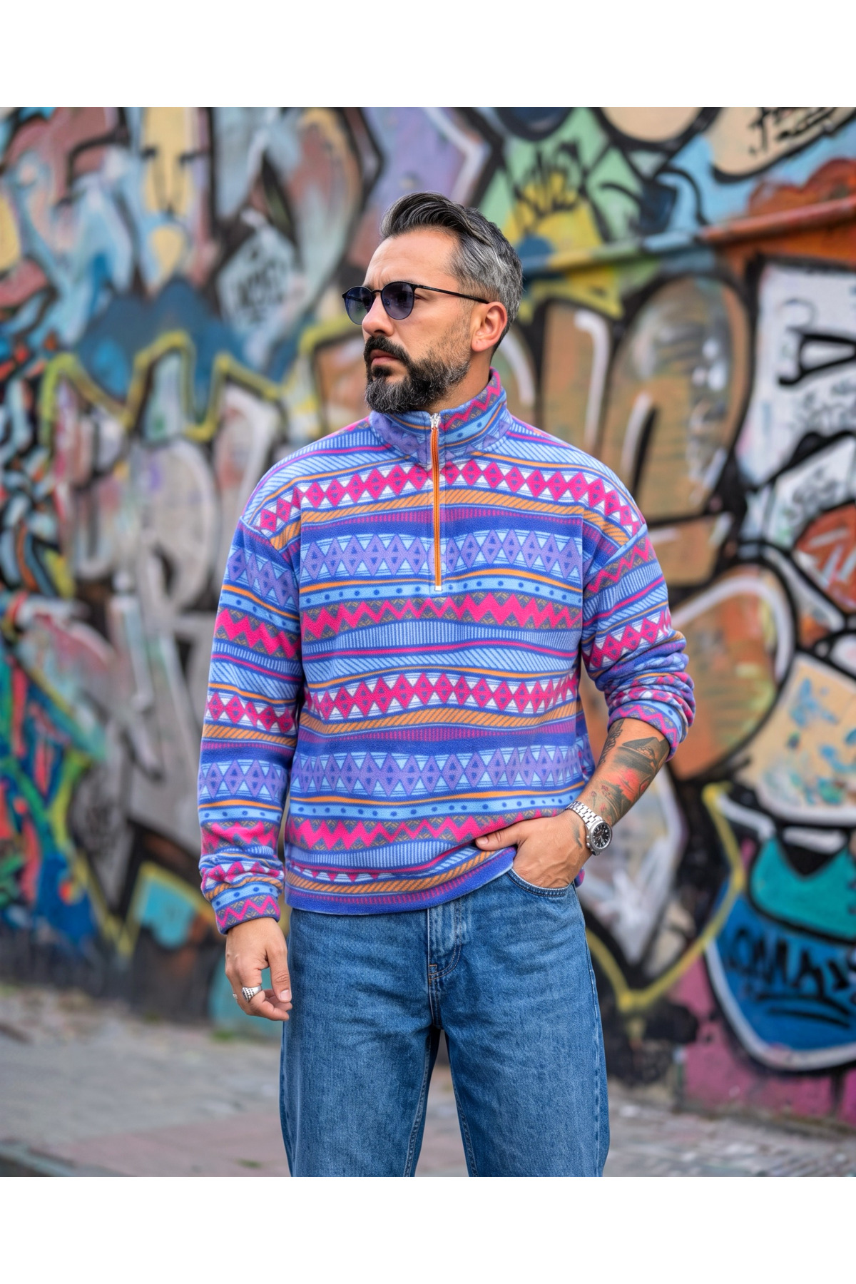 Erkek Aspen 88 Retro Desenli Yarım Fermuarlı Polar Sweatshirt — آبی ASPH0520 — تصویر 5 از 6