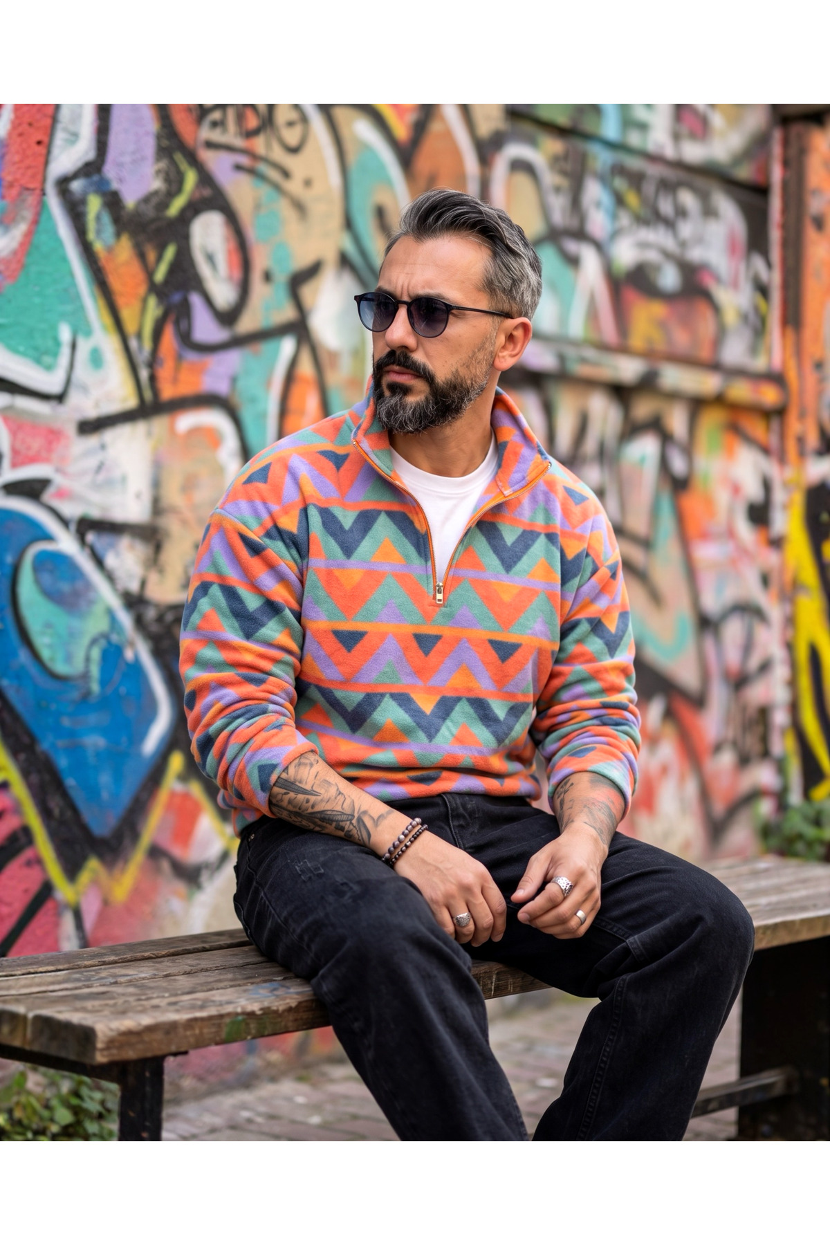 Erkek Aspen 88 Retro Desenli Yarım Fermuarlı Polar Sweatshirt — نارنجی ASPH0520 — تصویر 3 از 6
