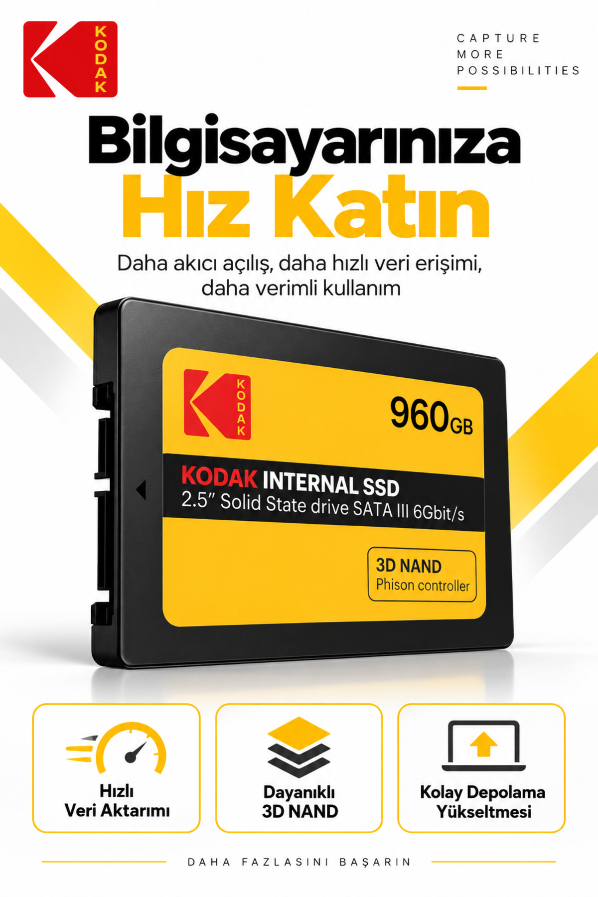 Kodak X150 960GB 2.5 İnç SATA III SSD 520 MB/s Okuma 500 MB/s