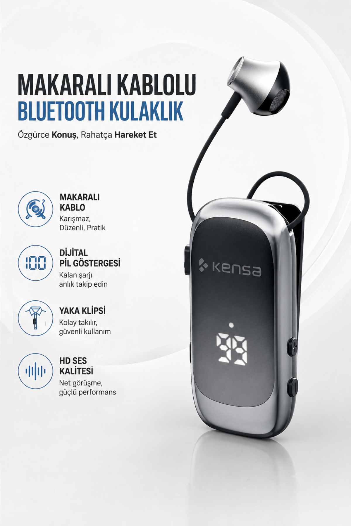 Kensa Makaralı Kulaklık Bluetooth 6.0 | 20 Saat Konuşma | Dijital Ekran | Titreşimli | Hızlı Şarjlı