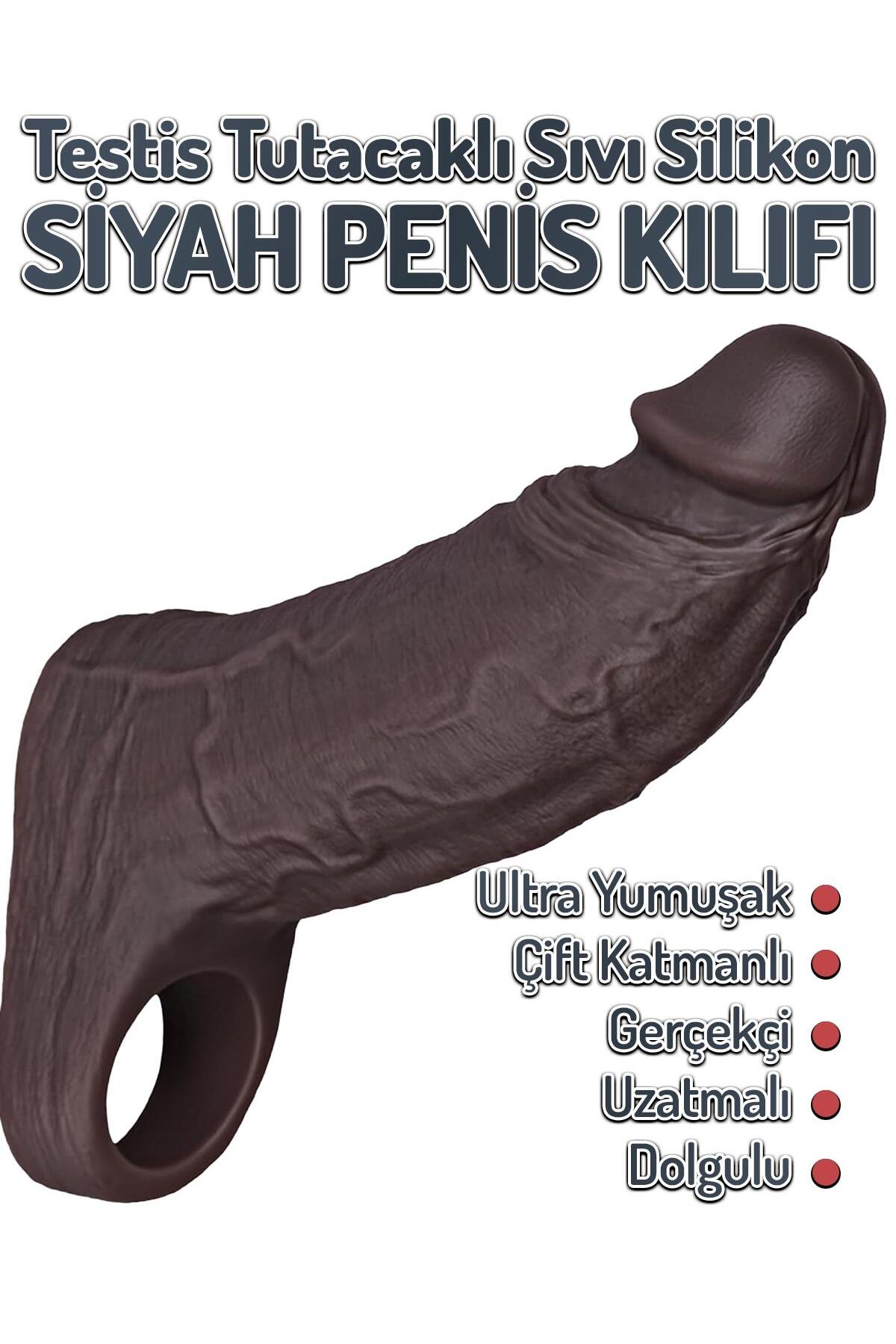 Dolgulu 3 Cm Uzatmalı Kalınlaştırıcı Sıvı Silikon 16,5 Cm Testisli Realistik Siyah Penis Kılıfı