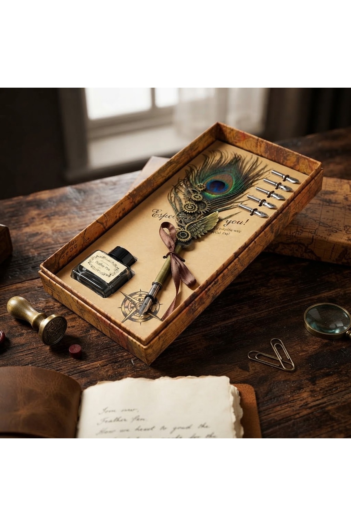 kt kuzey tacı Steampunk Detaylı Tavus Kuşu Tüylü Kalem Mürekkep ve Çoklu Uç Seti Hediyelik Kaligrafi Seti