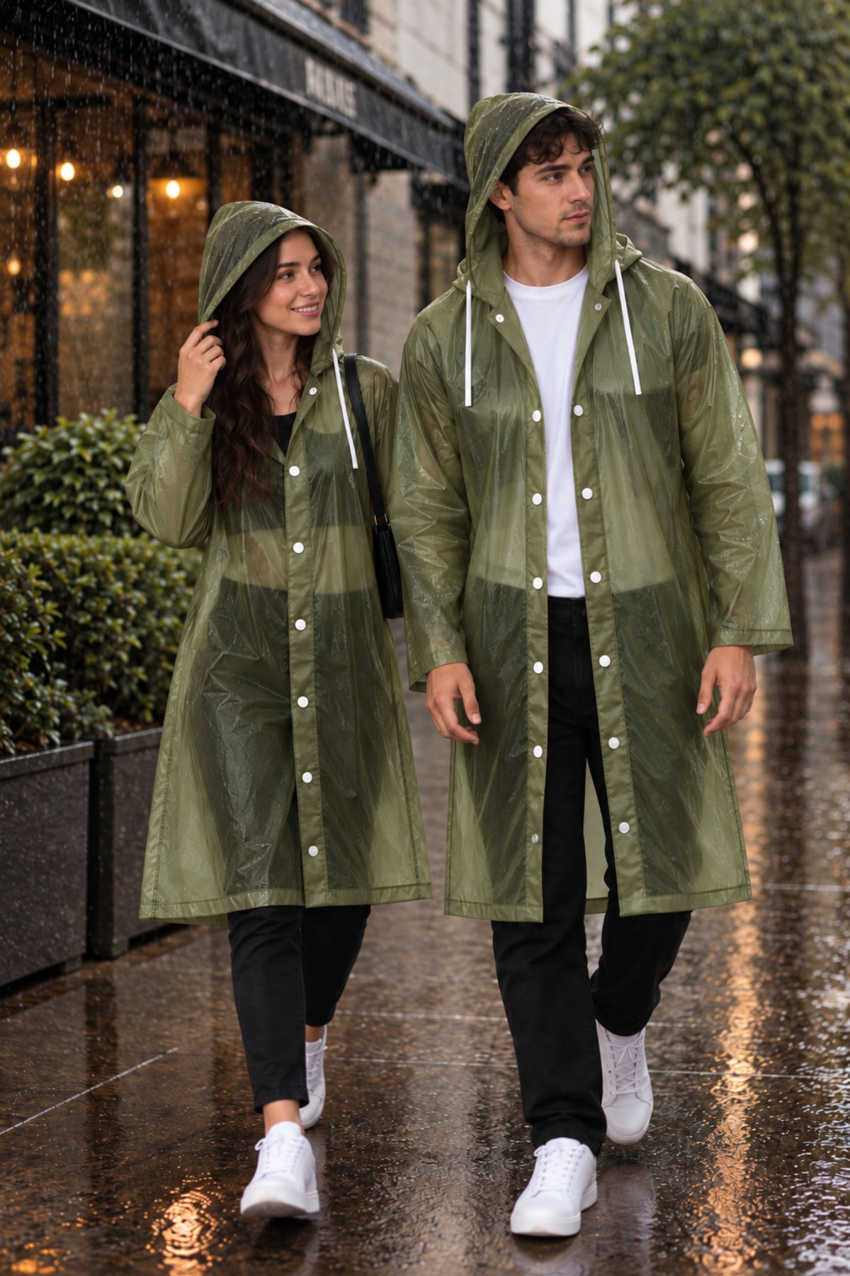 Unisex Haki Şeffaf Yağmurluk Kapüşonlu Su Geçirmez Yağmurluk — خاکی vea228 — تصویر 4 از 4