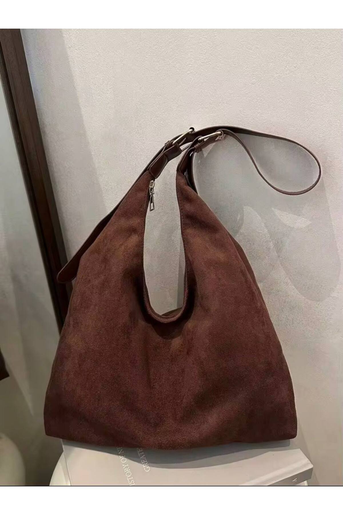 Süet - Acıkahve MODA Büyük Boy Kadın Tote Omuz Çantası, Kaliteli Tasarım Süet Kadın Çantası görünüm 3
