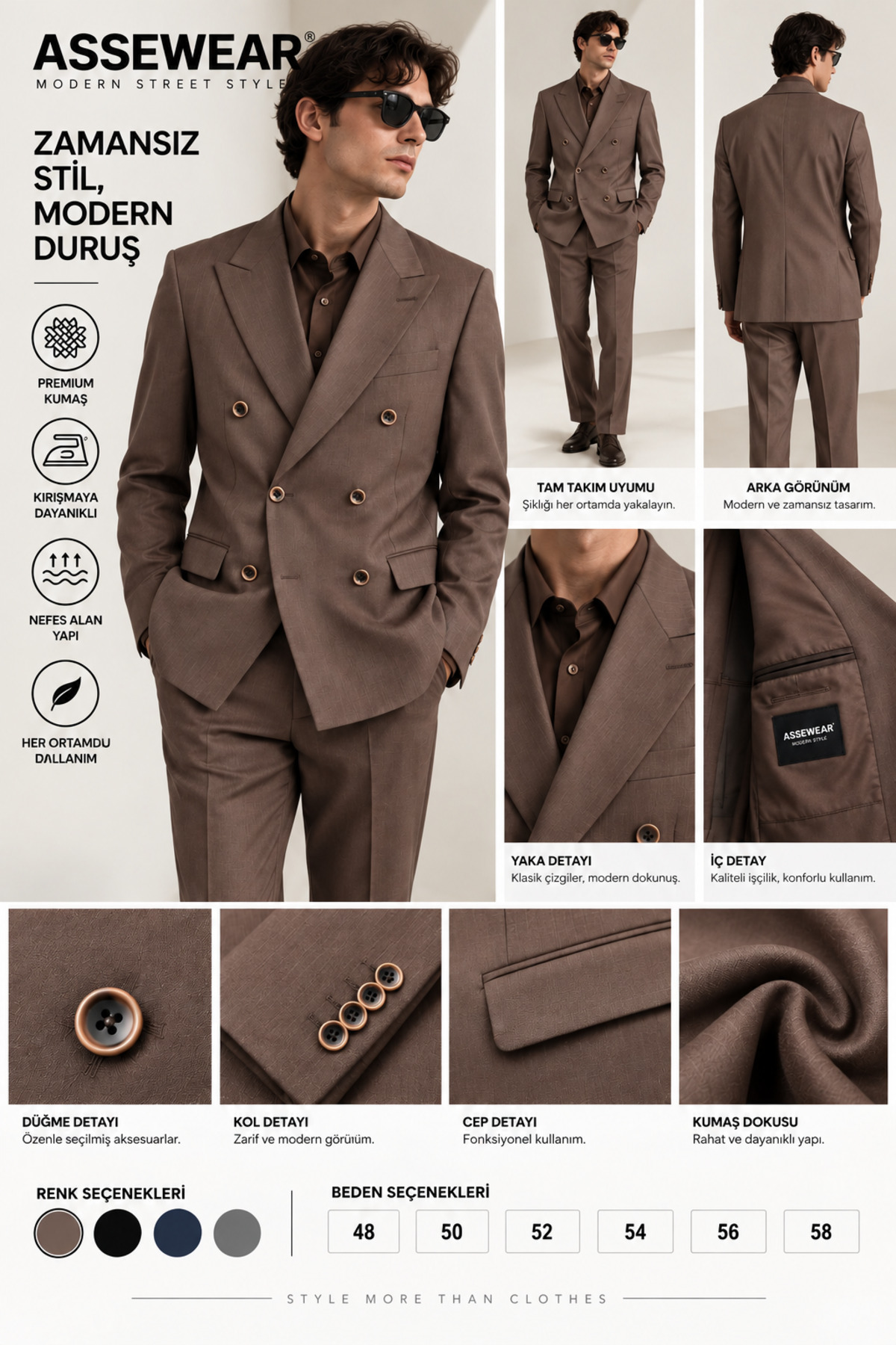 Assewear Erkek Kruvaze Takım Elbise Viskon Kumaş Modern Kesim Blazer Ceket Pantolon Takım — قهوه‌ای ASSE145388TEK