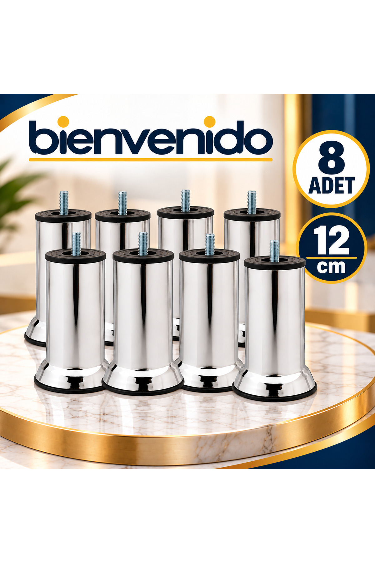 Mobilya Kanepe Baza Yatak Koltuk Destek Yükseltme Ayağı M8 Civatalı Krom Metal Ayakları 12 Cm 8 Adet MA-12-KRM-1, one size