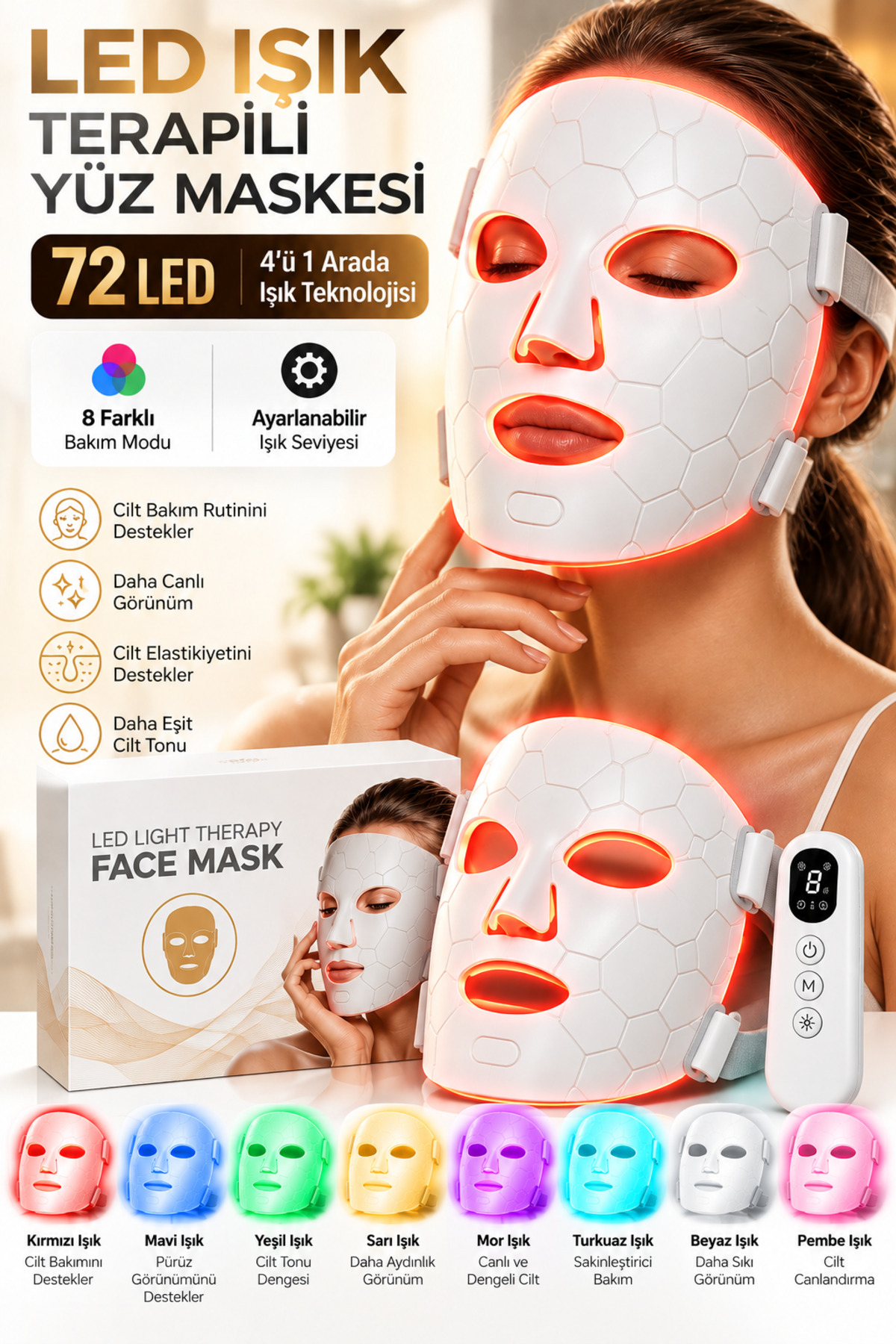 ماسک صورت نوردرمانی LED 72، 4 در 1، فناوری LED، 8 حالته، ماسک مراقبت از پوست سیلیکونی انعطاف‌پذیر با کنترل از راه دور — خاکستری yüzmaskessi37