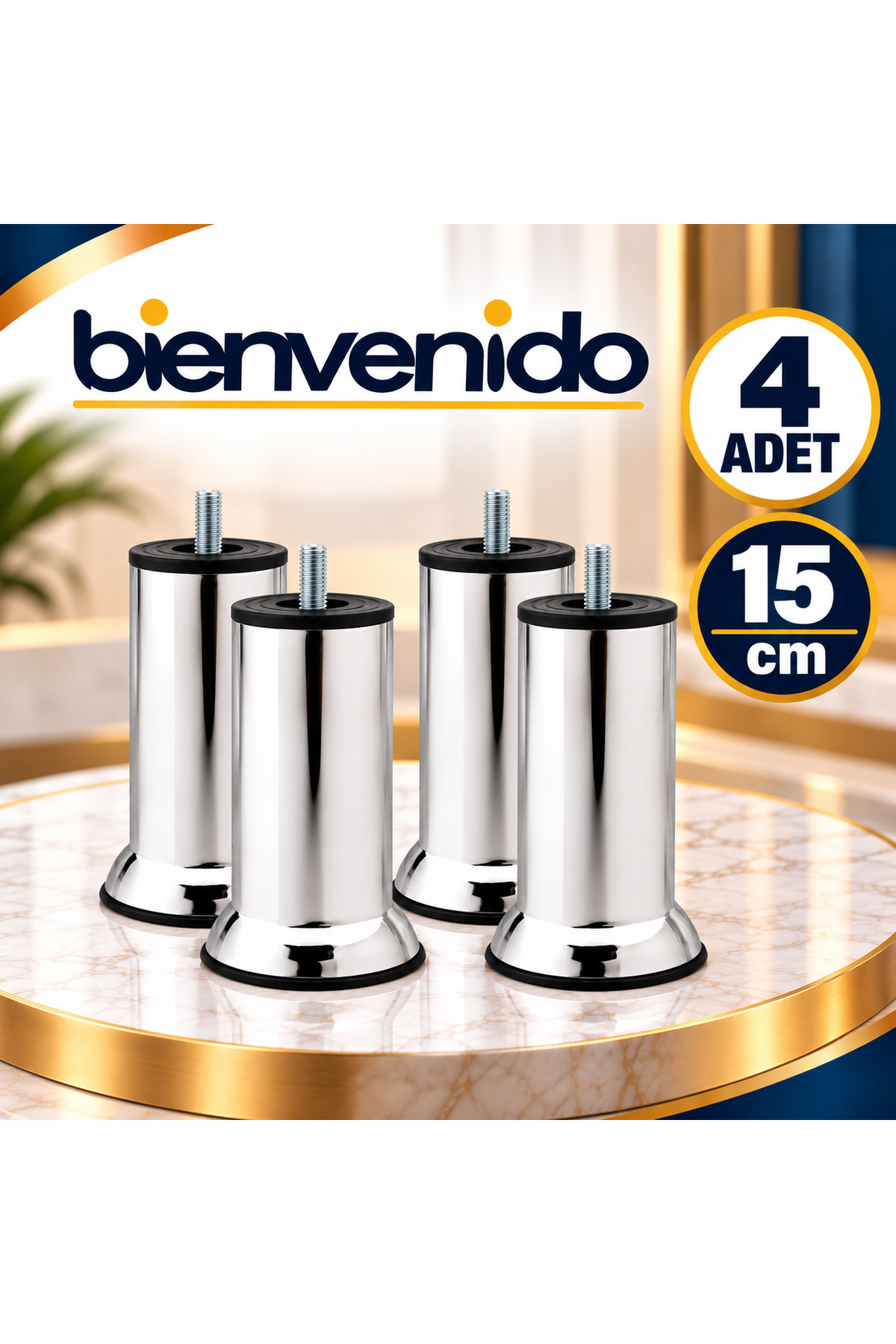 Mobilya Kanepe Baza Yatak Koltuk Destek Yükseltme Ayağı M8 Civatalı Krom Metal Ayakları 15 Cm 4 Adet MA-15-KRM-1, one size