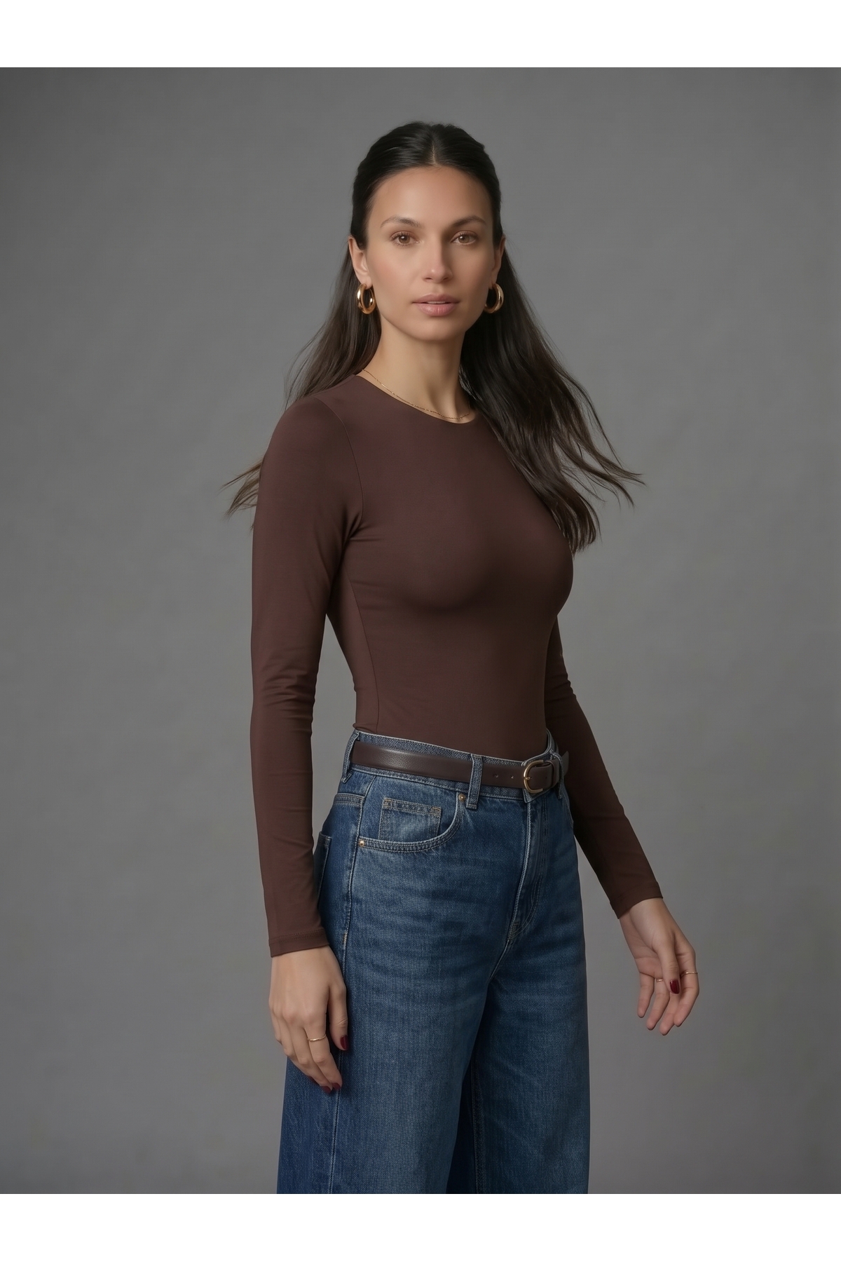 Kadın Uzun Kollu Bisiklet Yaka Çıtçıtlı Slim Fit Esnek Bodysuit - Kahverengi 3