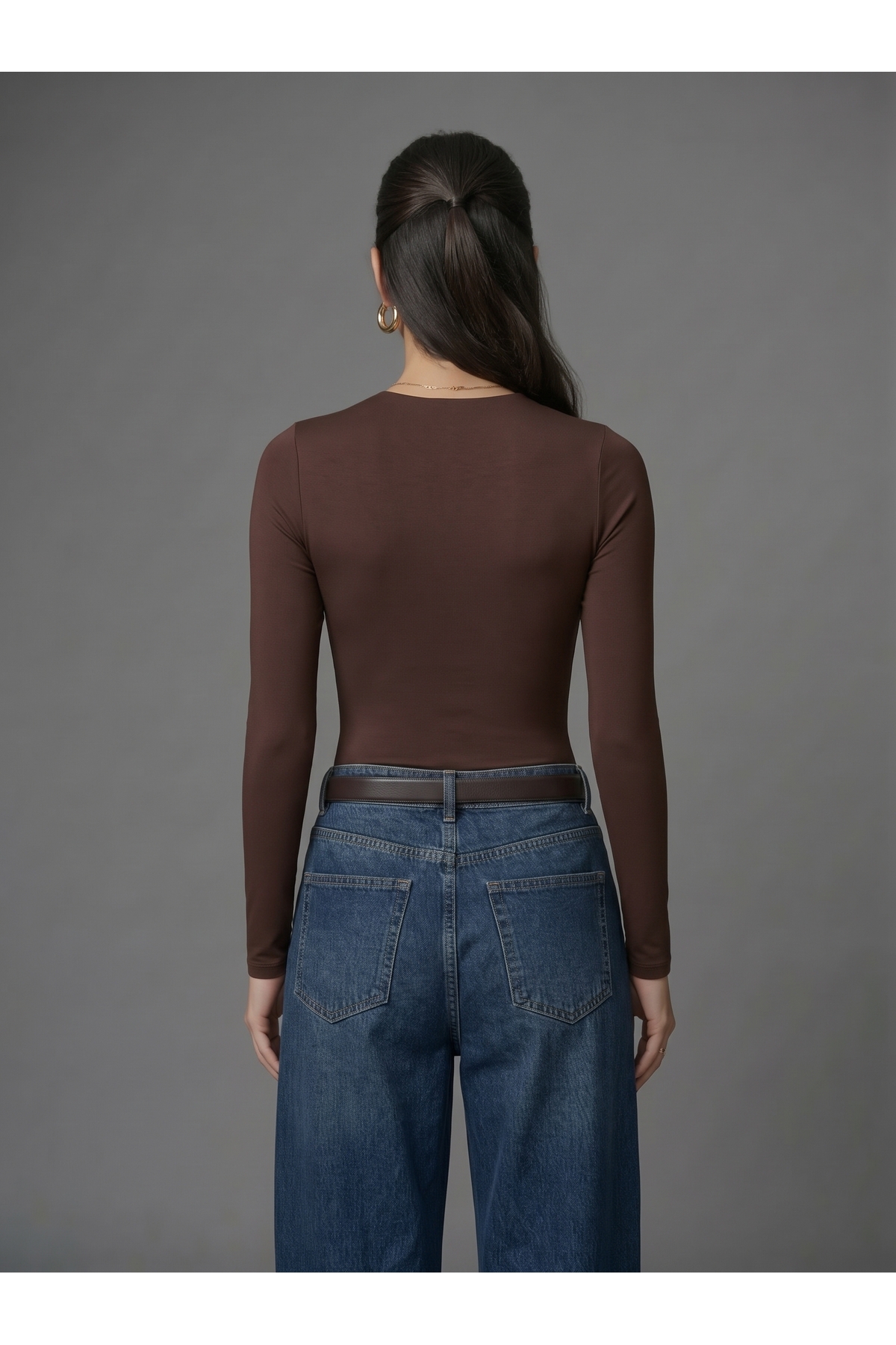 Kadın Uzun Kollu Bisiklet Yaka Çıtçıtlı Slim Fit Esnek Bodysuit - Kahverengi 4