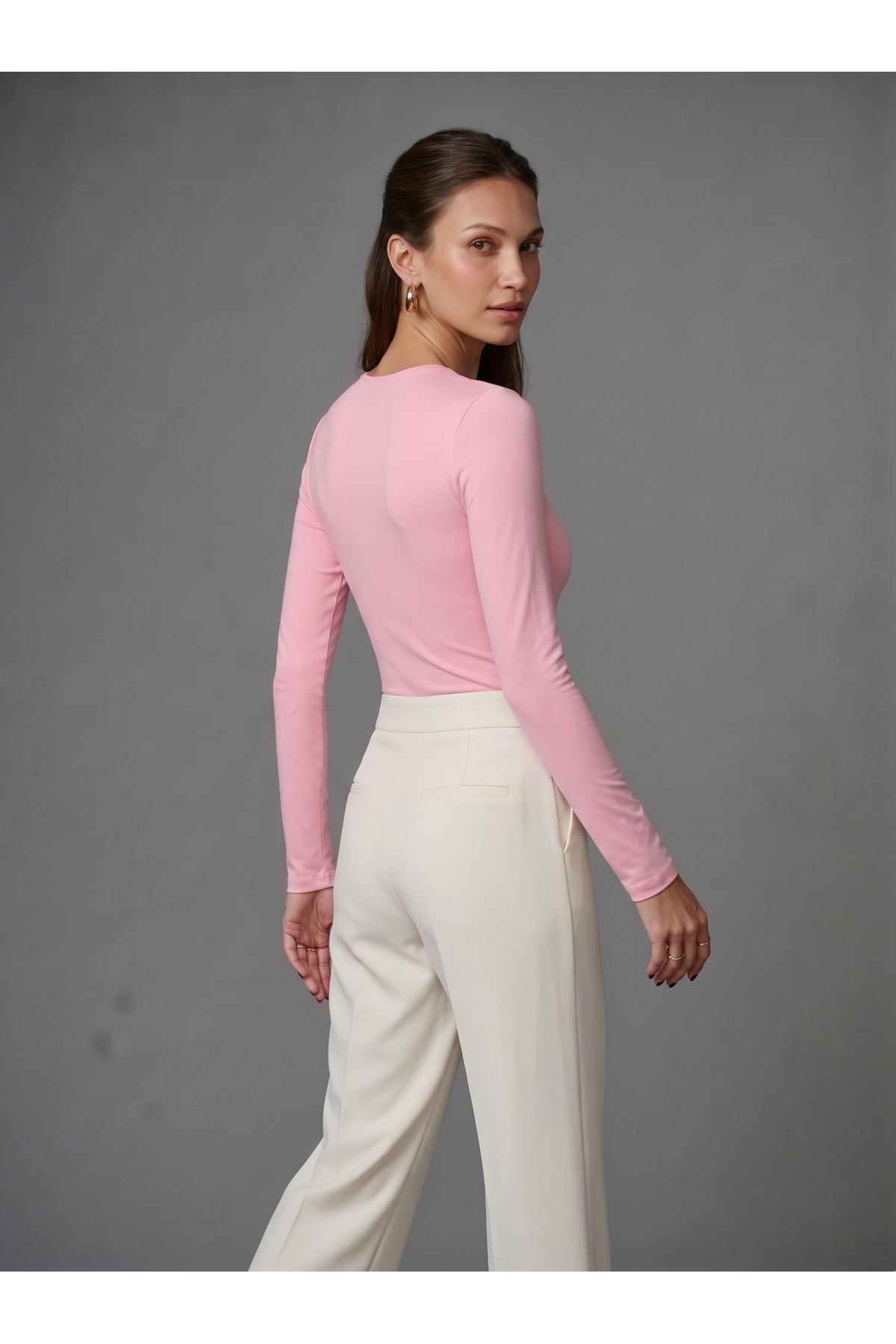 Kadın Uzun Kollu Bisiklet Yaka Çıtçıtlı Slim Fit Esnek Bodysuit - Pembe 4