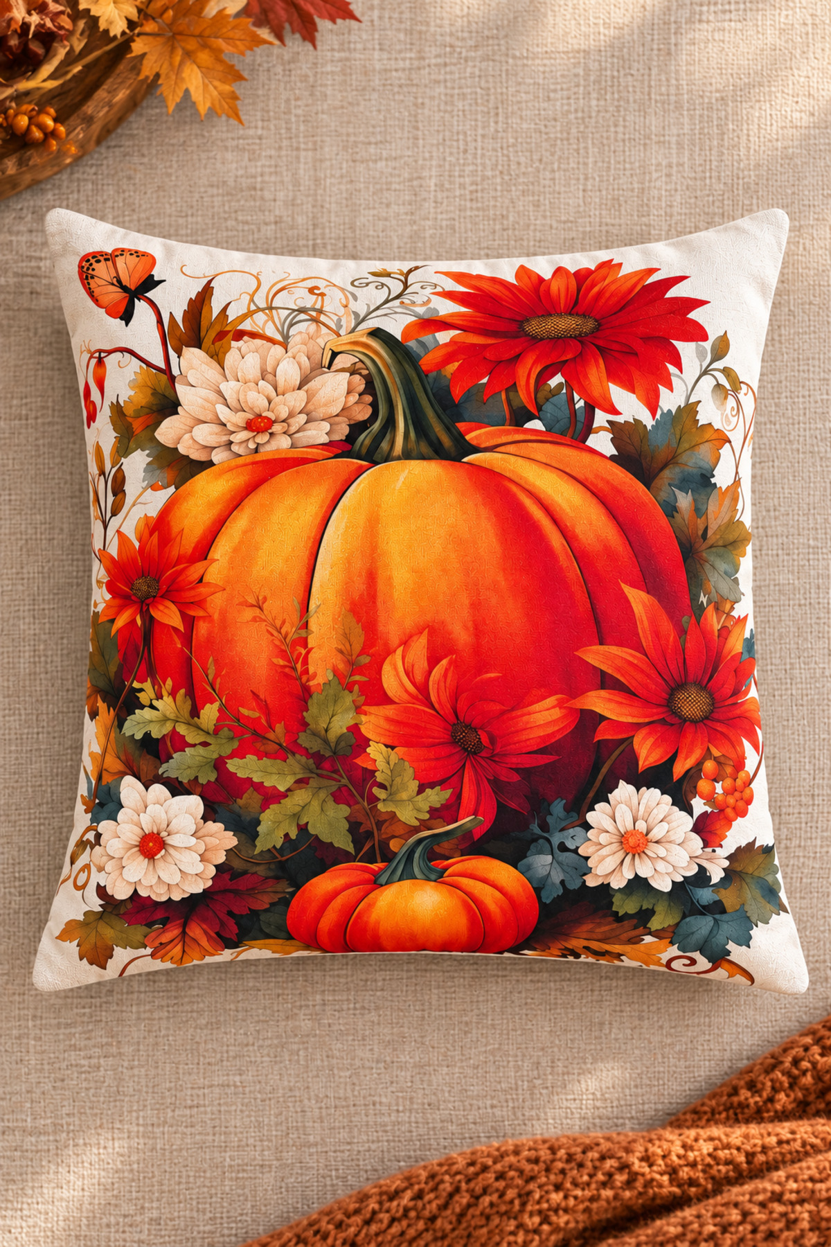 Dijital Baskılı Dekoratif Kırlent Kılıfı 43x43 cm – Modern Desenli Keten Dokulu