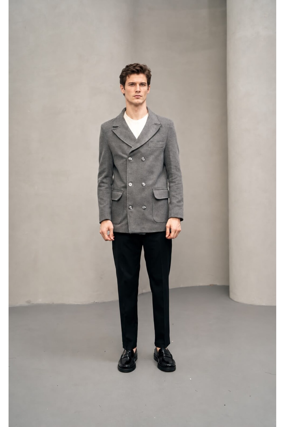 Erkek Gri Kruvaze Çift Düğmeli Blazer Kaban — خاکستری 1410 — تصویر 3 از 6
