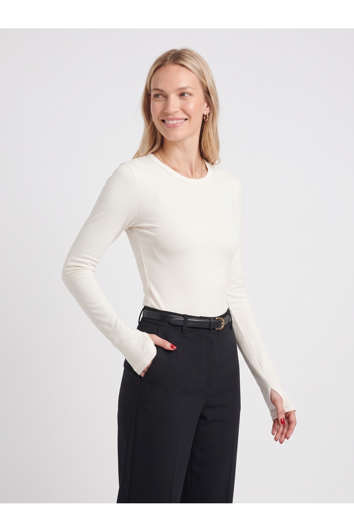 Kadın Modal Uzun Kollu Parmak Geçirmeli Bisiklet Yaka Slim Fit Body - Beyaz 3