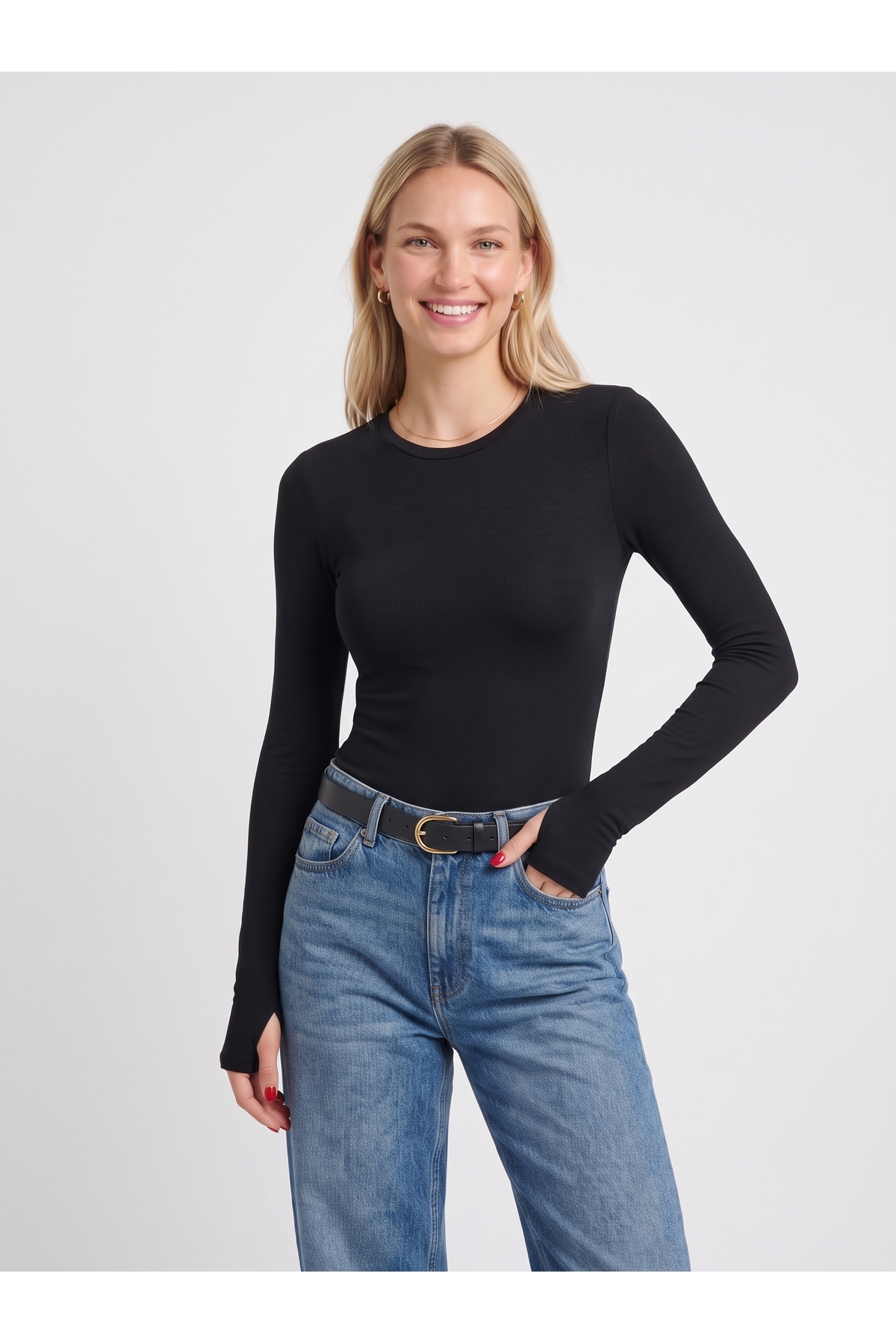 Kadın Modal Uzun Kollu Parmak Geçirmeli Bisiklet Yaka Slim Fit Body - Siyah