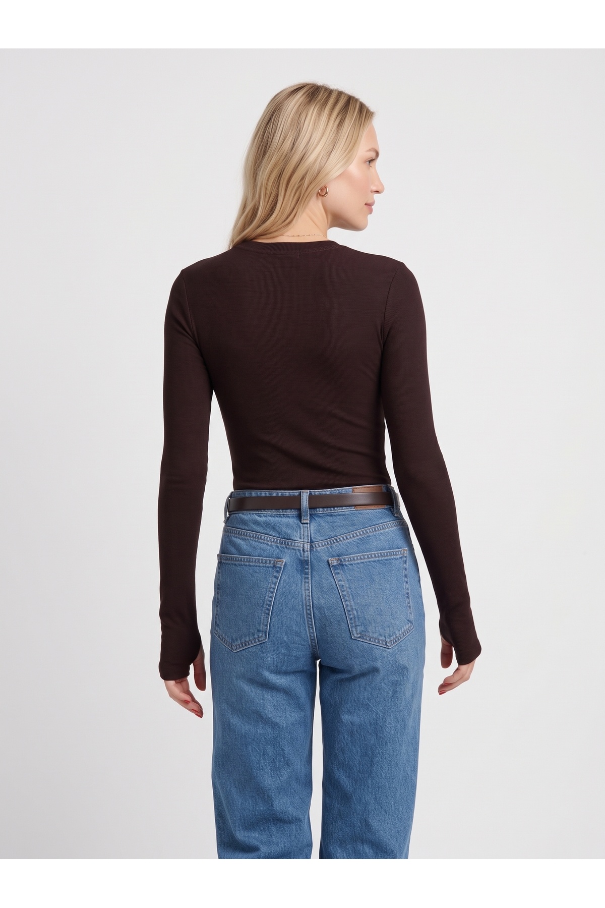 Kadın Modal Uzun Kollu Parmak Geçirmeli Bisiklet Yaka Slim Fit Body - Kahverengi 4