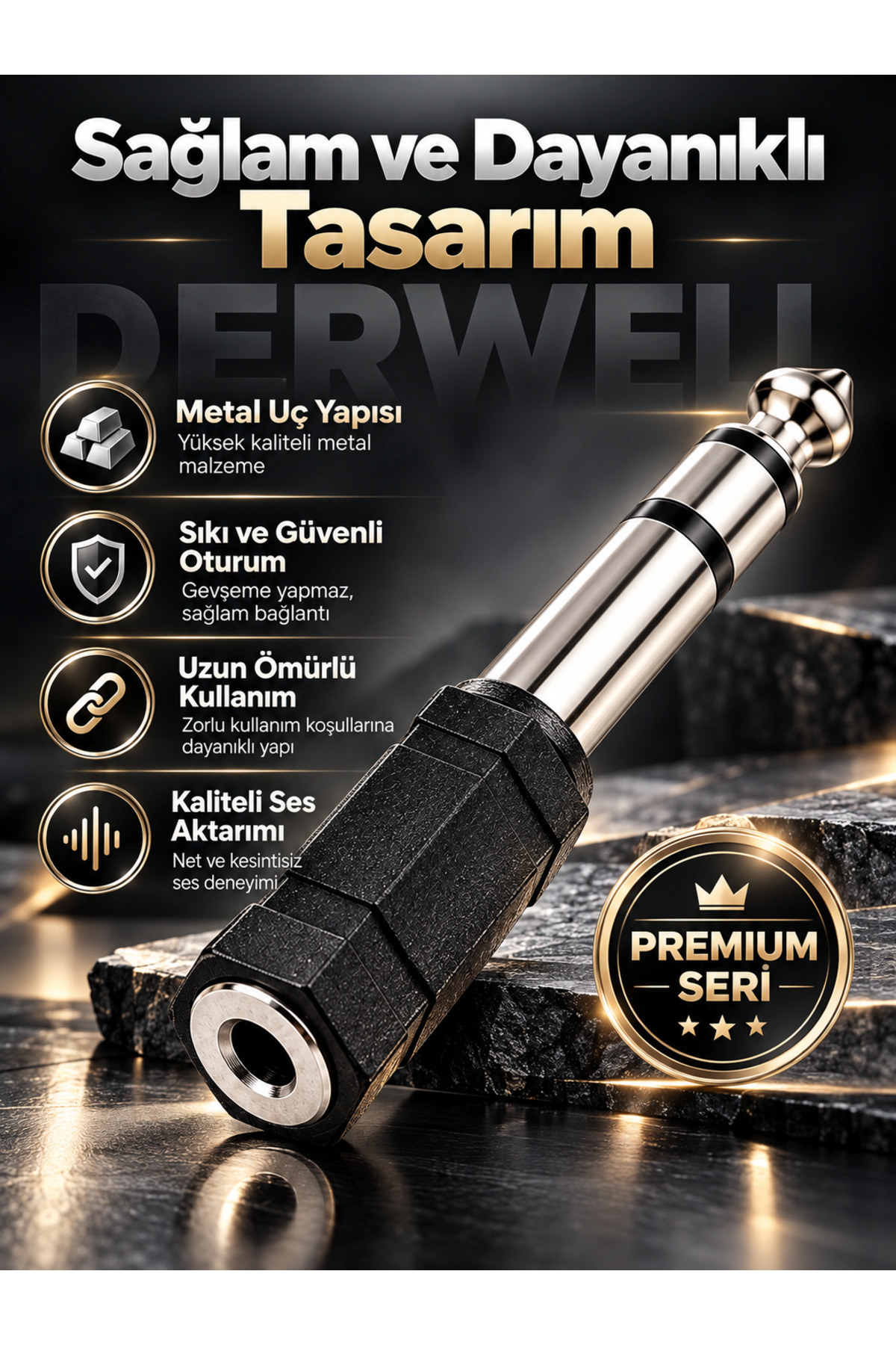 6.35mm Erkek - 3.5mm Dişi Ses Adaptörü Stereo Profesyonel Metal Uçlu Dönüştürücü Jak Girişli Kulaklık Amfi Gitar Mikrofon Ses Kartı Jak Çevirici Tak Çalıştır Siyah Kompakt Dayanıklı Dönüştür