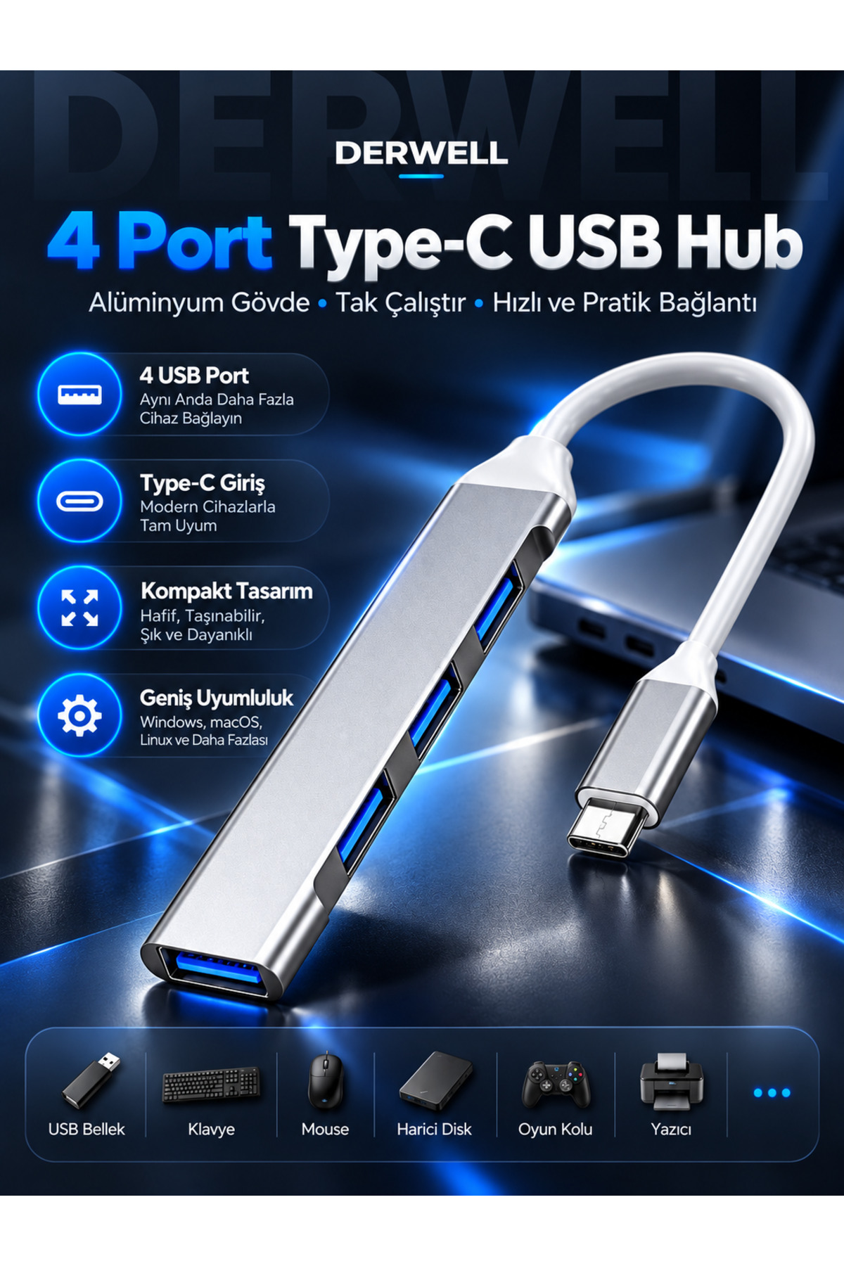 4 Port Type-C USB Hub Alüminyum Gövde Çoklayıcı Dönüştürücü Macbook Laptop Bilgisayar Uyumlu Çoklu Giriş Çoklayıcı Tak Çalıştır Taşınabilir Hızlı Pratik Çoklu Bağlantı Çoğaltıcı Dağıtıcı