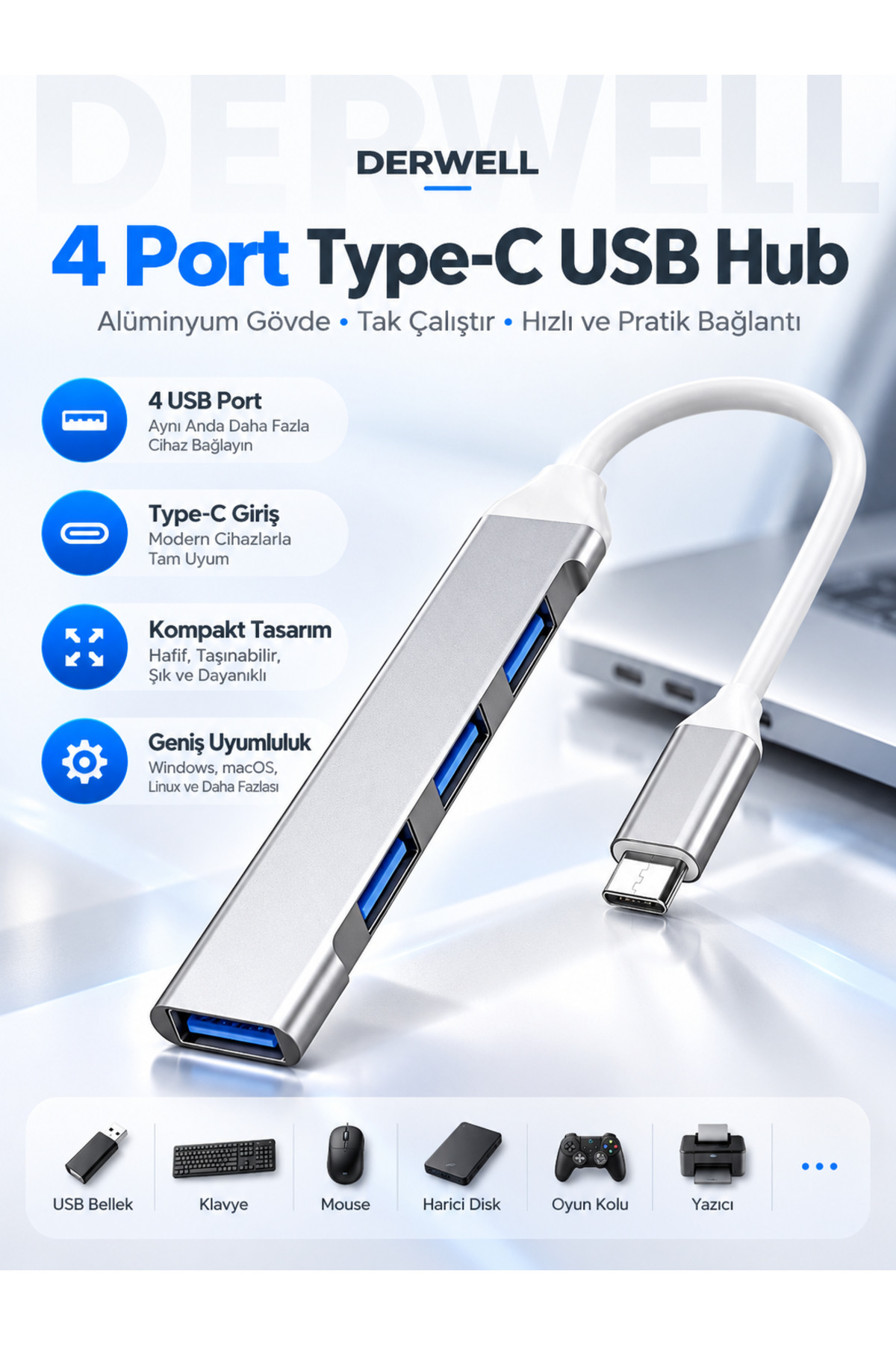 Yeni 2026 4 Port Type-C USB Hub Alüminyum Gövde Çoklayıcı Dönüştürücü Macbook Laptop Bilgisayar Uyumlu Çoklu Giriş Çoklayıcı Tak Çalıştır Taşınabilir Hızlı Pratik Çoklu Bağlantı Çoğaltıcı
