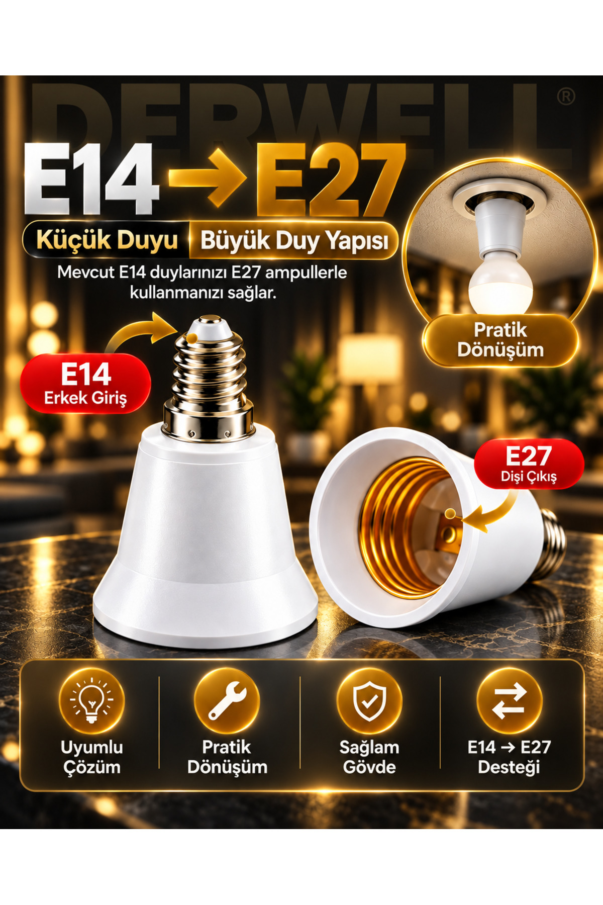 Tekli Paket E14ten E27ye Ampul Duy Çevirici Dönüştürücü Soket İnce Diş Erkek Giriş Kalın Diş Dişi Çıkış Tasarruflu Led Akıllı Ampul Pratik Avize Aparatı Sağlam Gövde Uyumlu Aydınlatma Çözümleri