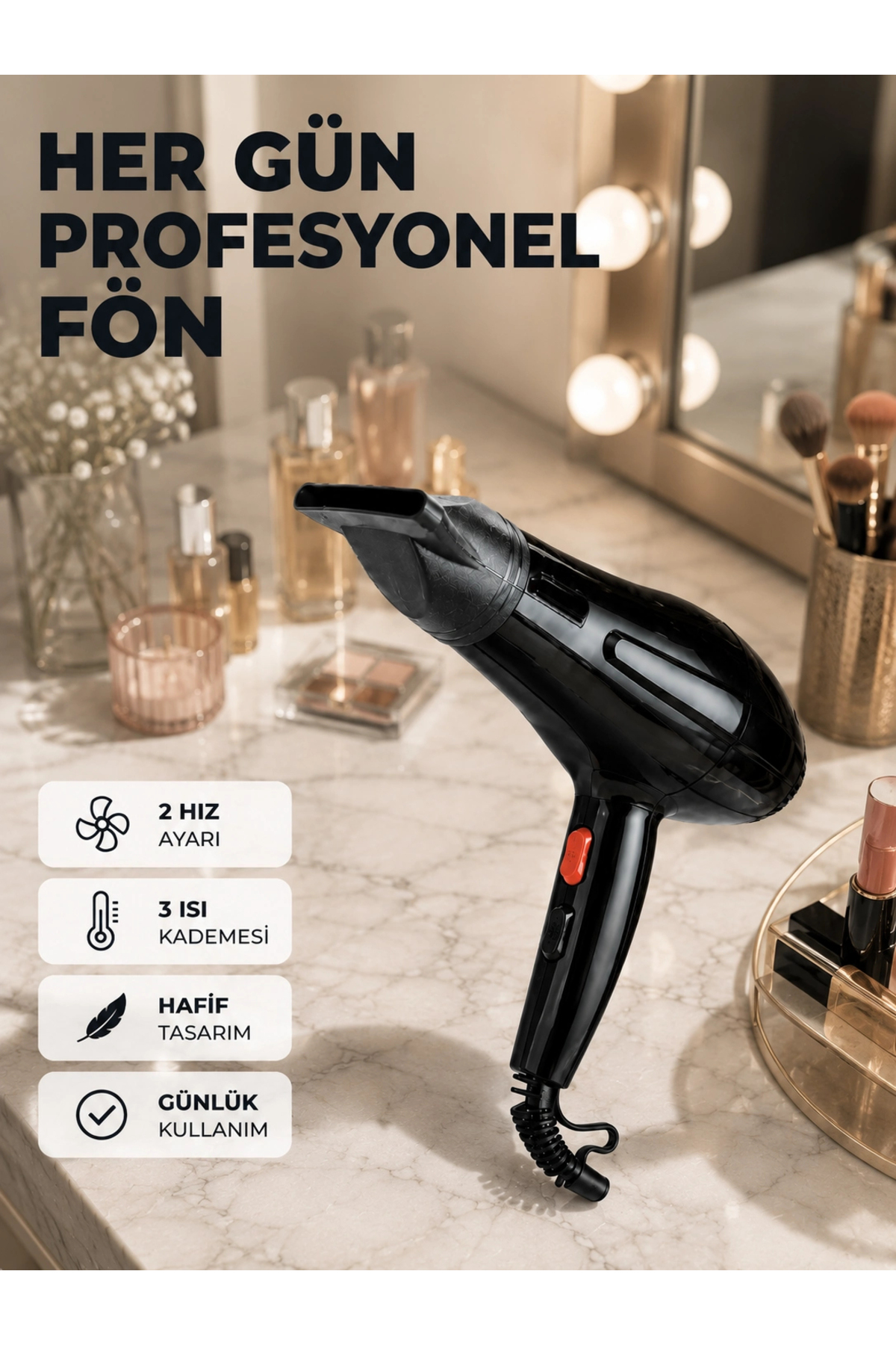 Hubrendy Tekno 2200W Güçlü Motorlu Ergonomik Fön Makinesi