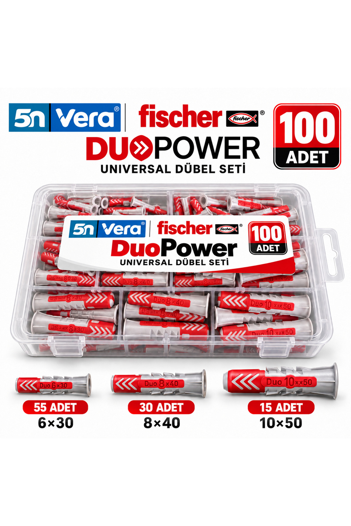 5N VERA Fischer DuoPower 100’lü Dübel Seti | 3 Ölçü Tek Kutuda: 6x30, 8x40, 10x50 | Bölmeli Organizer