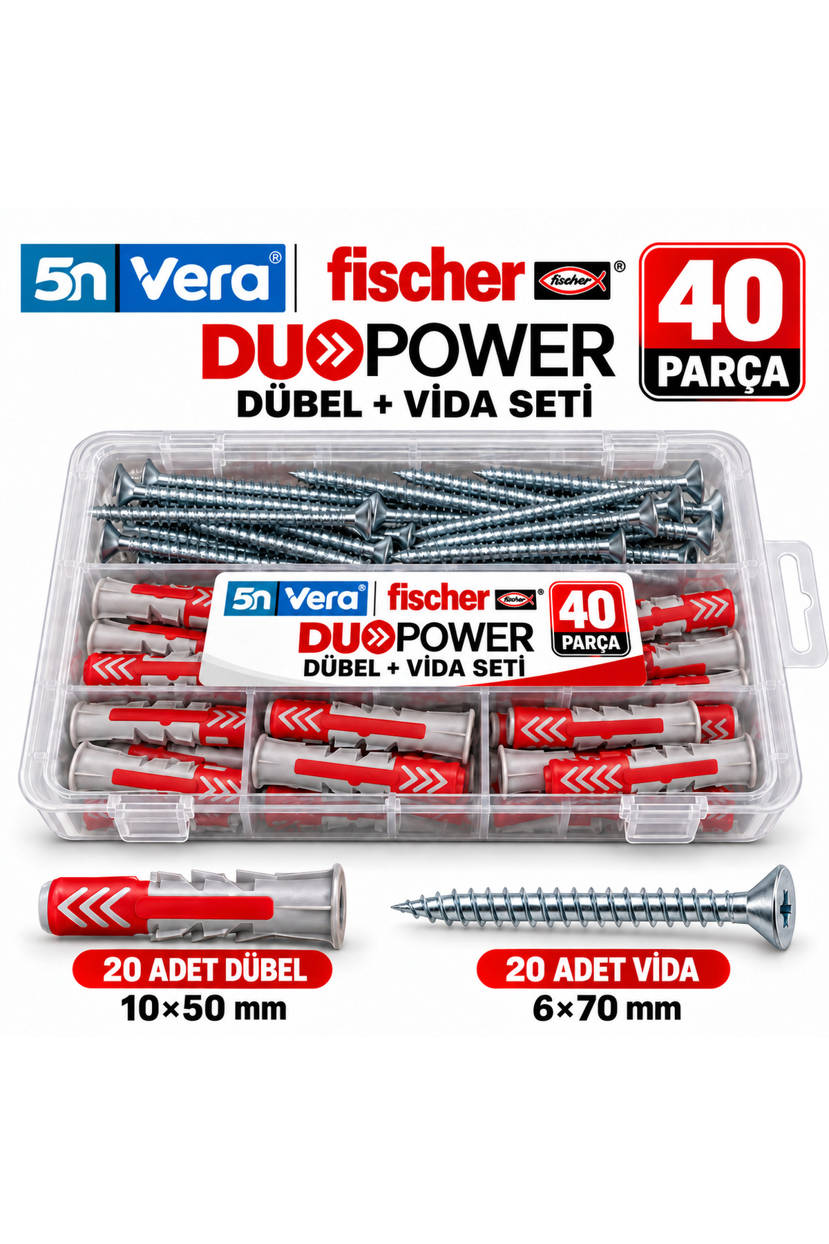 5N VERA Fischer DuoPower 10x50 Universal Dübel + 6x70 Vida Seti | 20 Dübel + 20 Vida, 40 Parça | Organizer Kutulu