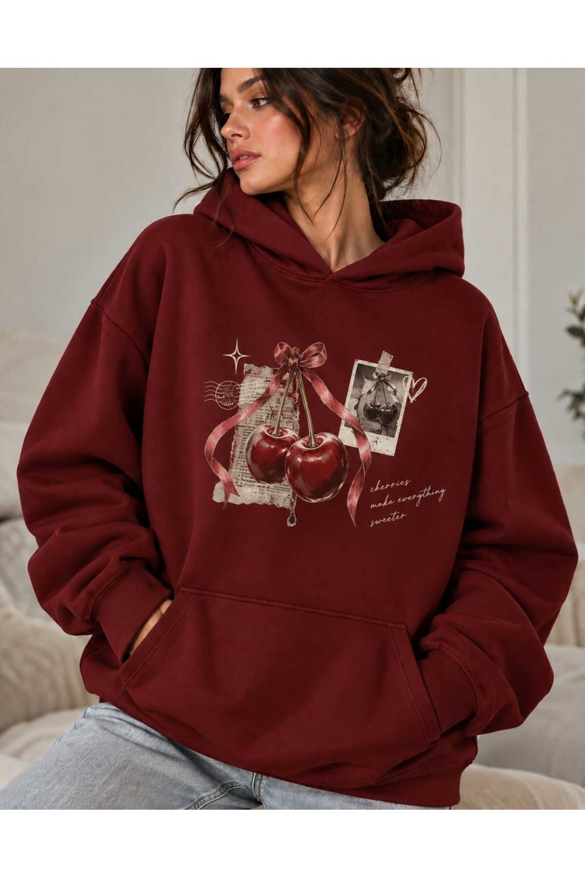 Unisex Erkek/Kadın EVERCERY Renkli Özel Baskılı Pamuklu Oversize Kapüşonlu Sweatshirt — زرشکی EVERCERY-KAPŞON-COHERENT-