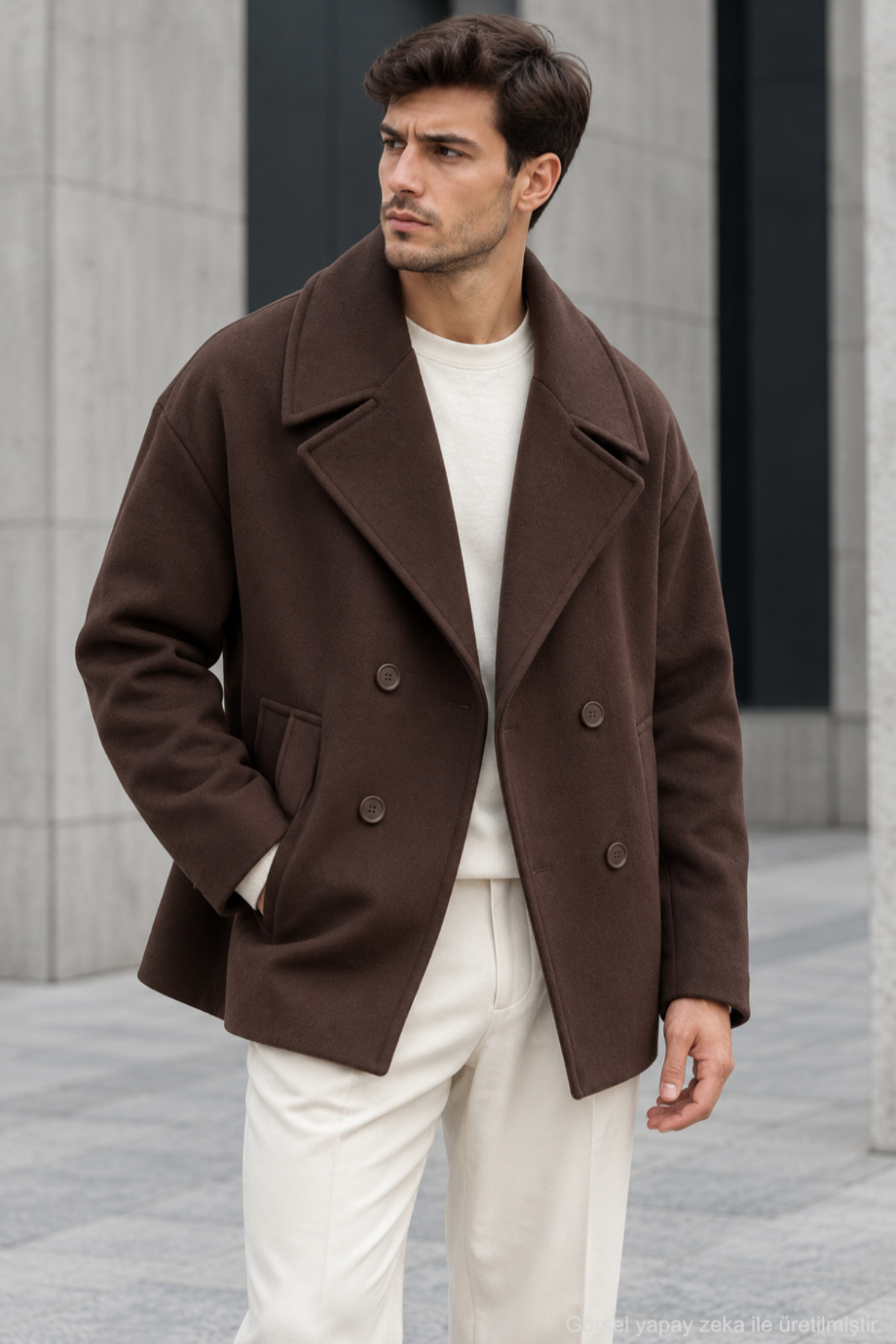 QUHOX Erkek Oversize Kruvaze Kaban Geniş Yakalı Cepli - Kahverengi — قهوه‌ای 1533QHOX