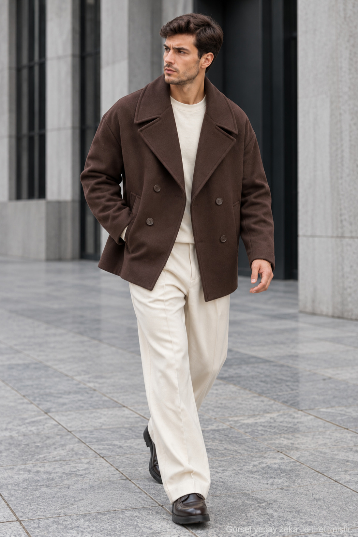Erkek Oversize Kruvaze Kaban Geniş Yakalı Cepli - Kahverengi — قهوه‌ای 1533QHOX — تصویر 2 از 5