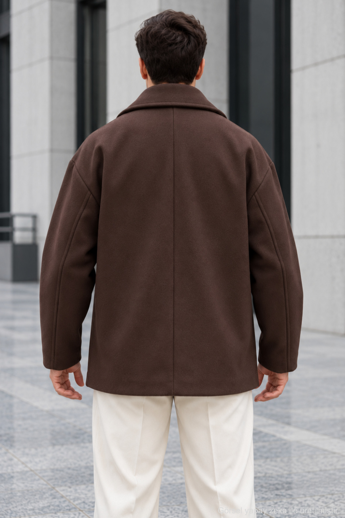 Erkek Oversize Kruvaze Kaban Geniş Yakalı Cepli - Kahverengi — قهوه‌ای 1533QHOX — تصویر 3 از 5