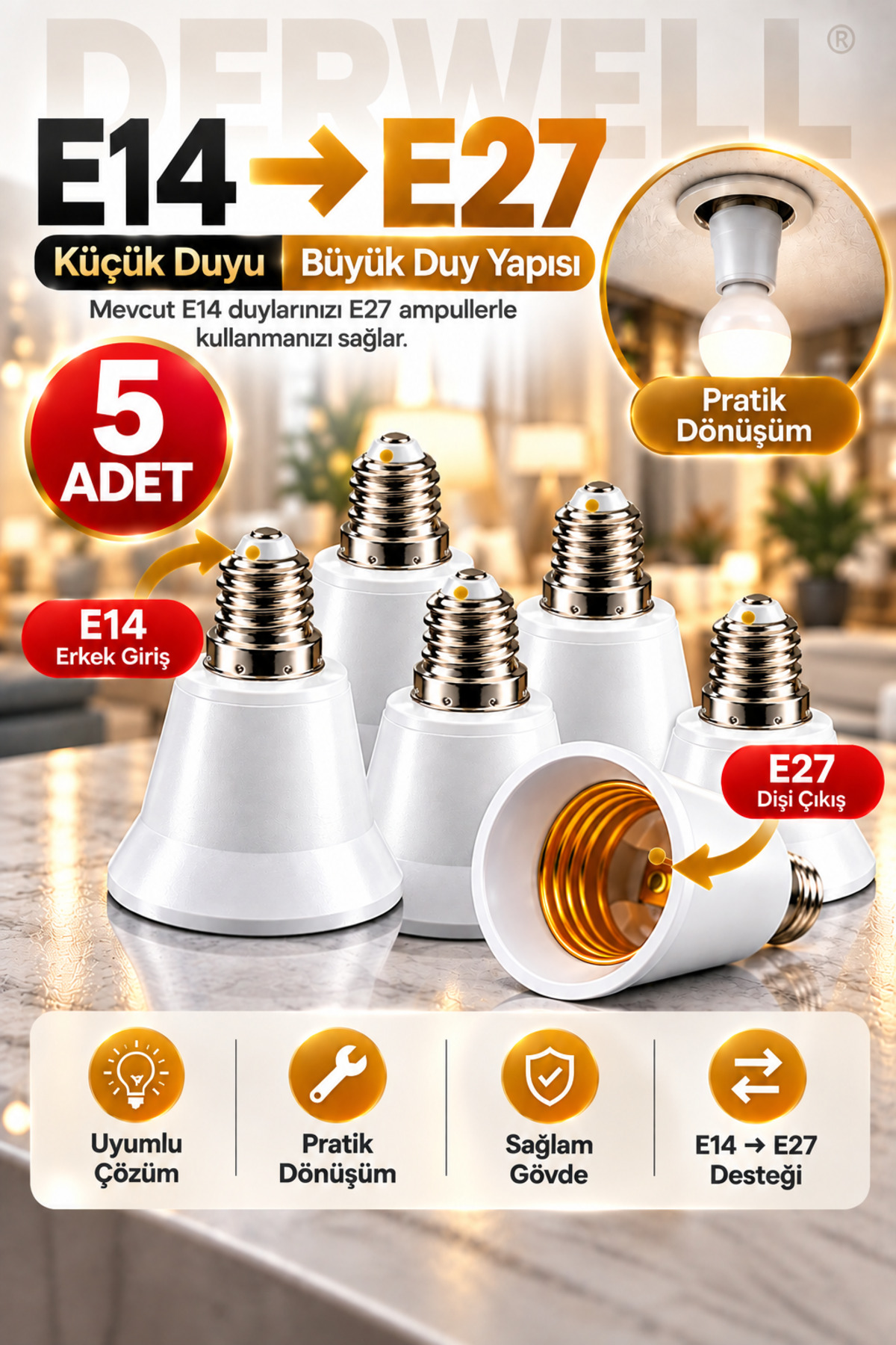 5 Adet E14'ten E27'ye Ampul Duy Dönüştürücü Adaptör - Küçük Duyuyu Büyük Duya Çevirici Aparat, Ev ve Ofis İçi Pratik Aydınlatma Çözümü, Sağlam ve Dayanıklı Gövde Yapısı