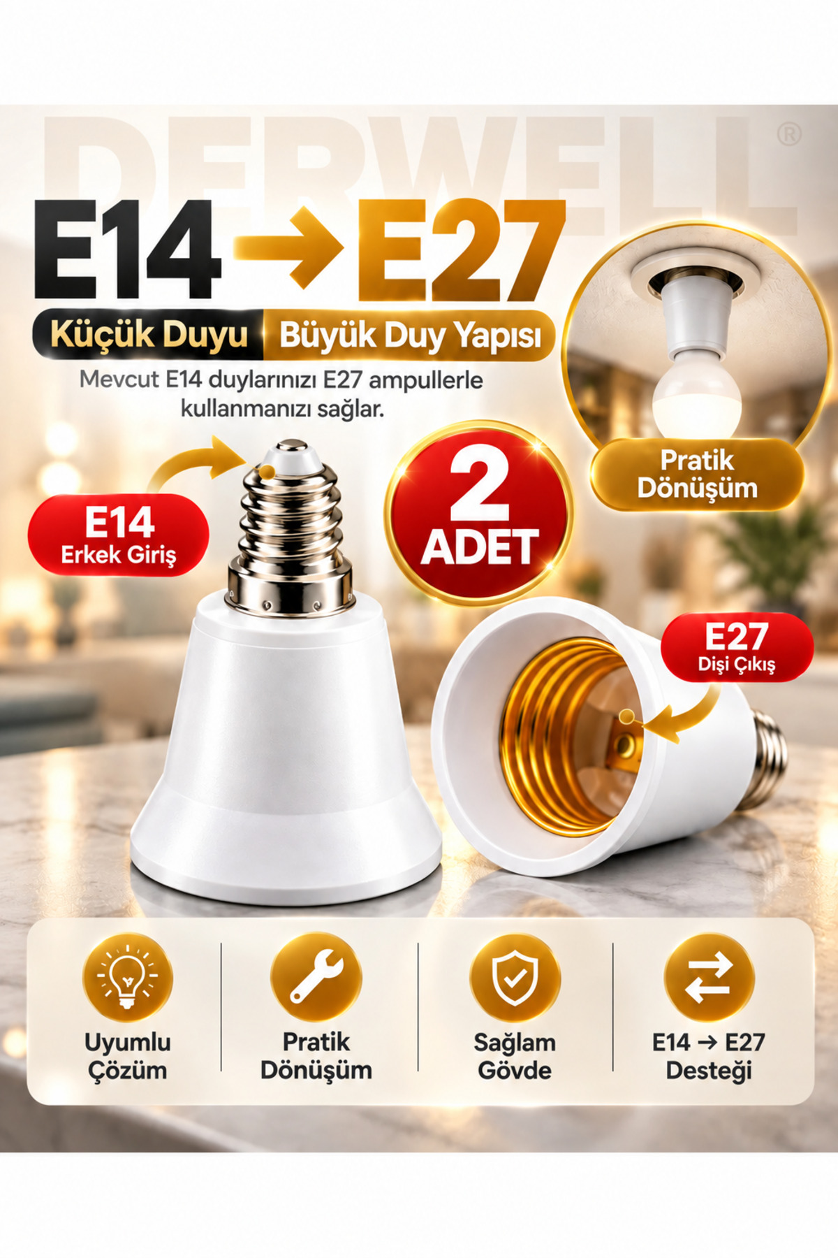 2 Adet E14'ten E27'ye Ampul Duy Dönüştürücü Adaptör - Küçük Duyuyu Büyük Duya Çevirici Aparat, Ev ve Ofis İçi Pratik Aydınlatma Çözümü, Sağlam ve Dayanıklı Gövde Yapısı