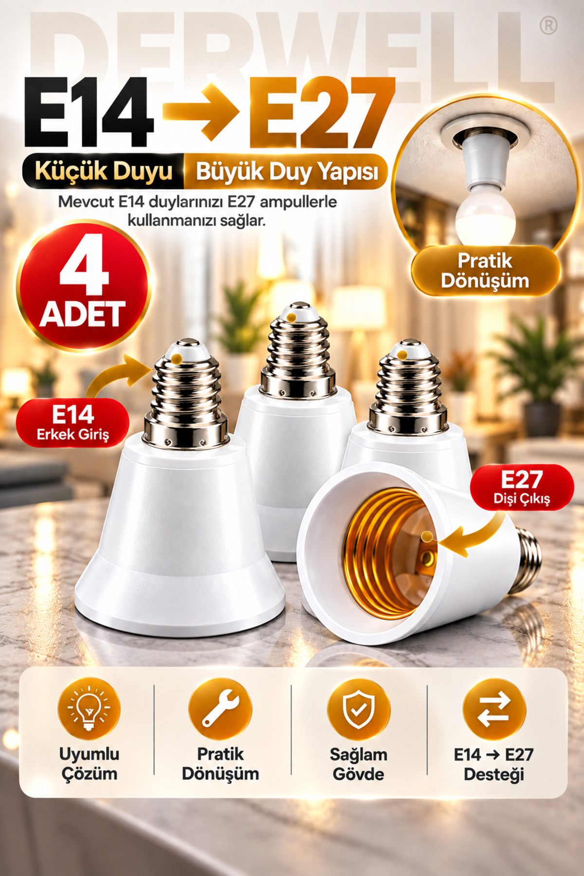 4 Adet E14'ten E27'ye Ampul Duy Dönüştürücü Adaptör - Küçük Duyuyu Büyük Duya Çevirici Aparat, Ev ve Ofis İçi Pratik Aydınlatma Çözümü, Sağlam ve Dayanıklı Gövde Yapısı