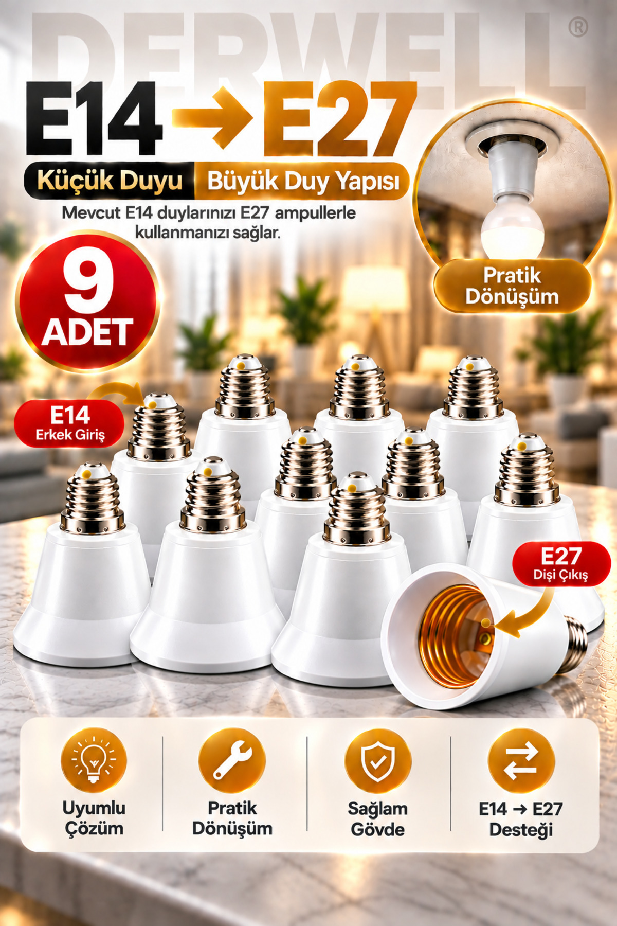 9 Adet E14'ten E27'ye Ampul Duy Dönüştürücü Adaptör - Küçük Duyuyu Büyük Duya Çevirici Aparat, Ev ve Ofis İçi Pratik Aydınlatma Çözümü, Sağlam ve Dayanıklı Gövde Yapısı