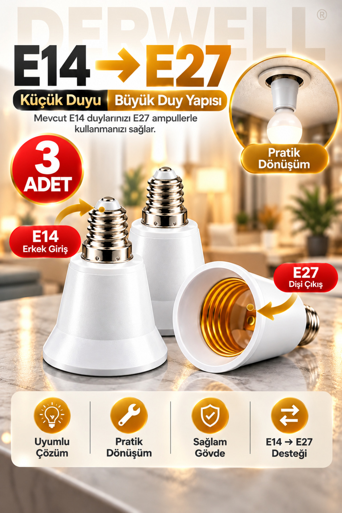 3 Adet E14'ten E27'ye Ampul Duy Dönüştürücü Adaptör - Küçük Duyuyu Büyük Duya Çevirici Aparat, Ev ve Ofis İçi Pratik Aydınlatma Çözümü, Sağlam ve Dayanıklı Gövde Yapısı
