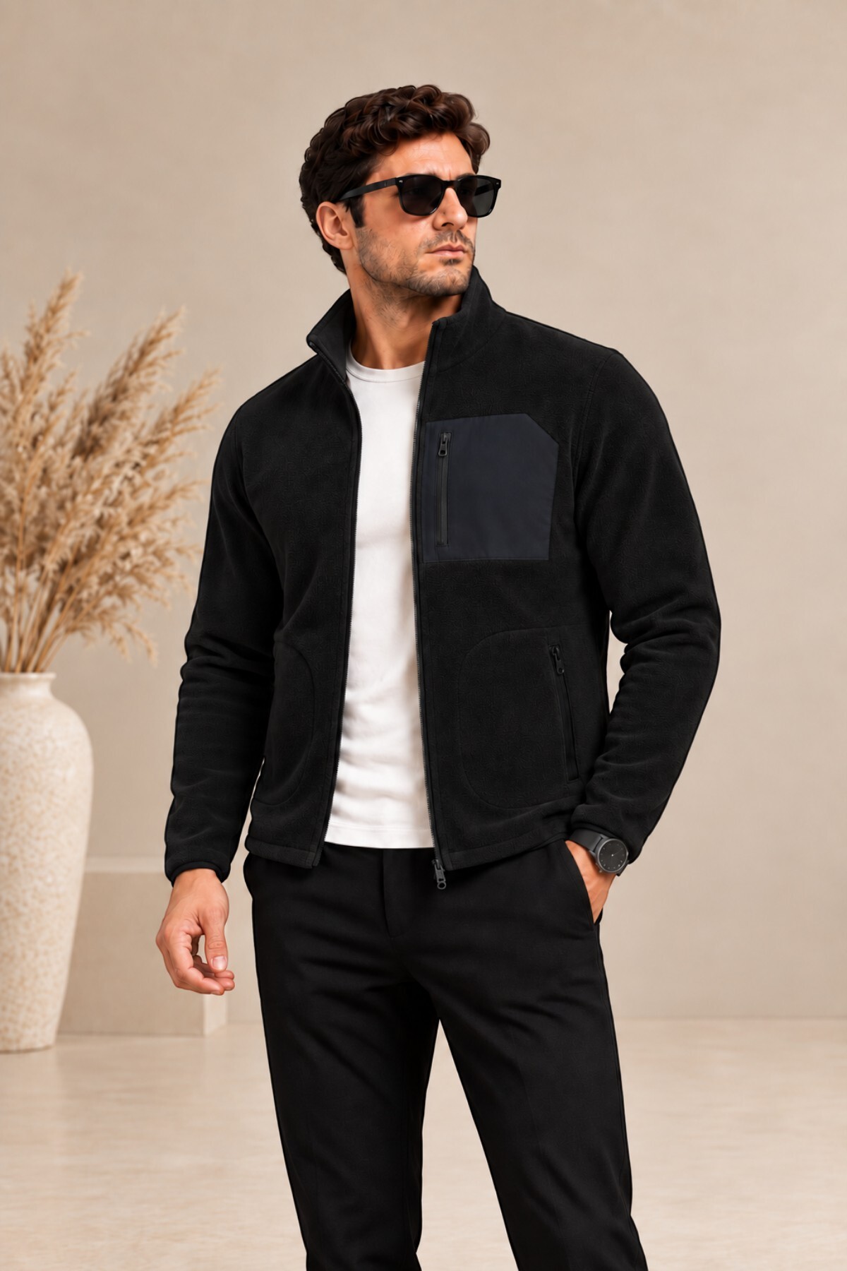 Erkek Siyah Fermuarlı Polar Ceket Dik Yaka Regular Fit Günlük Kışlık — مشکی E0500